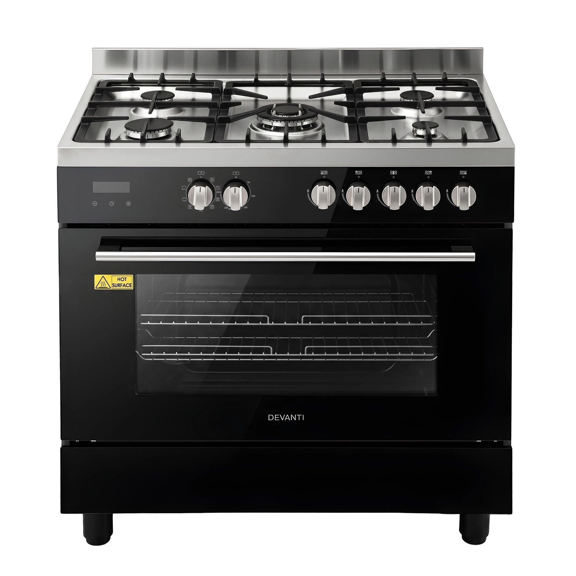 90cm Dual Fuel Freestanding Cooker 5 Burner Gas Cooktop Electric Oven - Black and Stainless Steel - Appliances > Kitchen Appliances > Cooktops & Stoves - Rivercity House & Home Co. (ABN 18 642 972 209) - Affordable Modern Furniture Australia