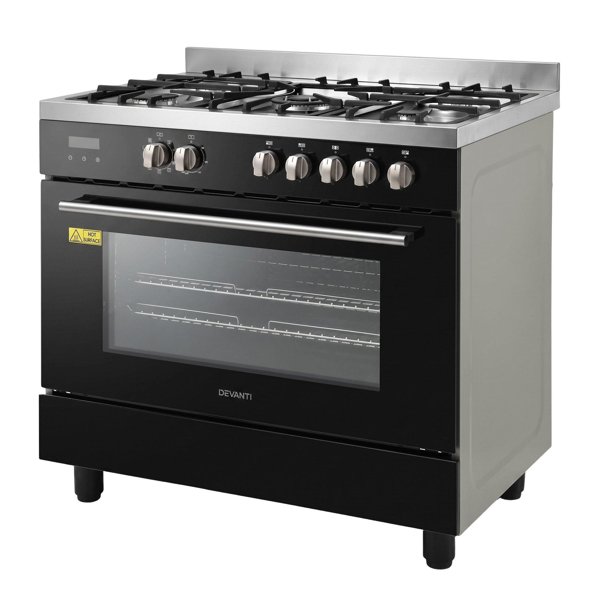 90cm Dual Fuel Freestanding Cooker 5 Burner Gas Cooktop Electric Oven - Black and Stainless Steel - Appliances > Kitchen Appliances > Cooktops & Stoves - Rivercity House & Home Co. (ABN 18 642 972 209) - Affordable Modern Furniture Australia