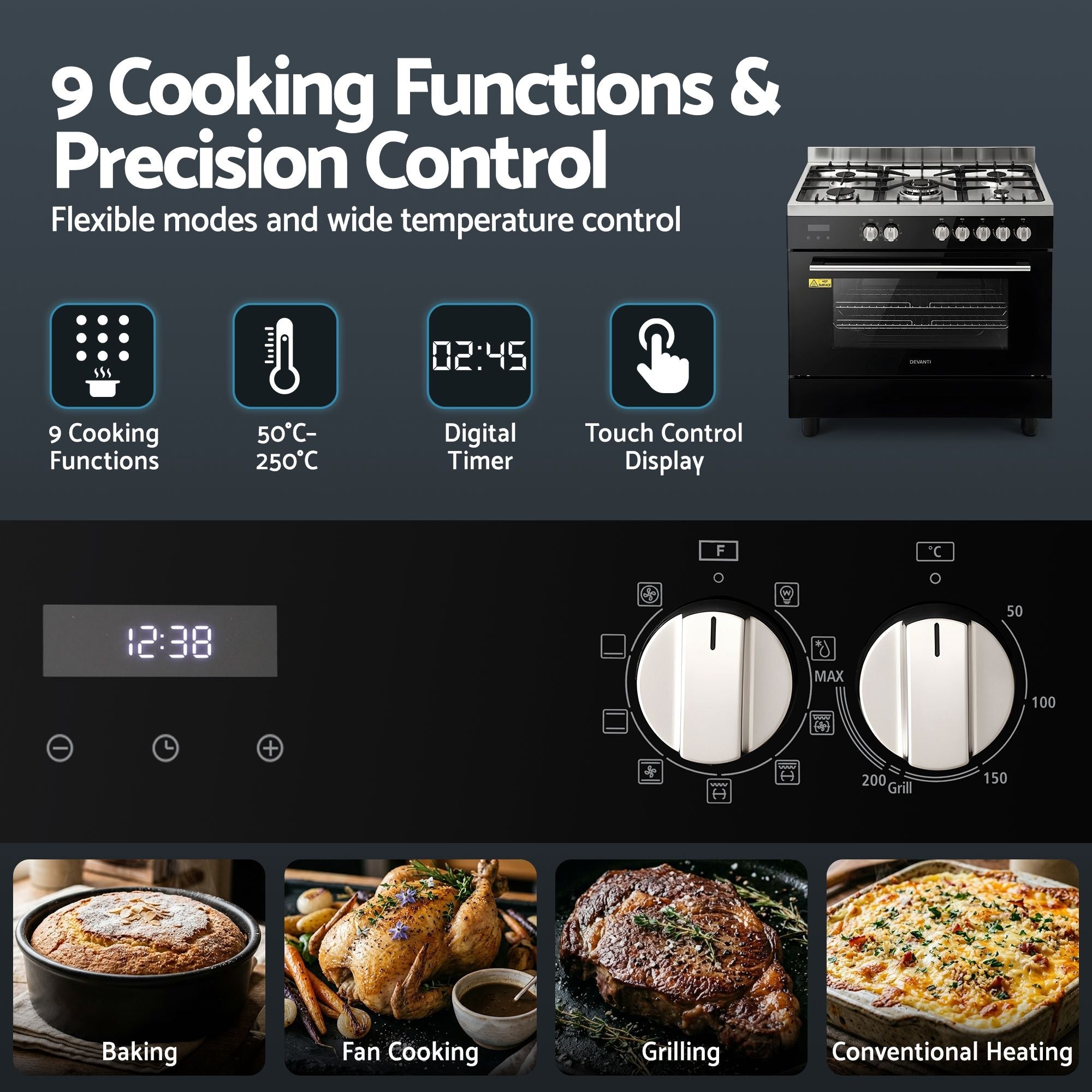 90cm Dual Fuel Freestanding Cooker 5 Burner Gas Cooktop Electric Oven - Black and Stainless Steel - Appliances > Kitchen Appliances > Cooktops & Stoves - Rivercity House & Home Co. (ABN 18 642 972 209) - Affordable Modern Furniture Australia