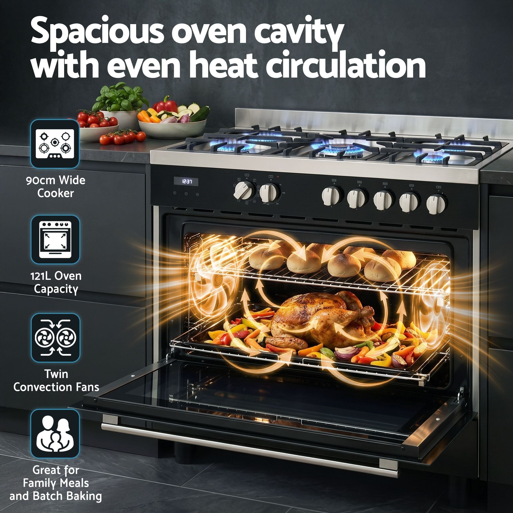 90cm Dual Fuel Freestanding Cooker 5 Burner Gas Cooktop Electric Oven - Black and Stainless Steel - Appliances > Kitchen Appliances > Cooktops & Stoves - Rivercity House & Home Co. (ABN 18 642 972 209) - Affordable Modern Furniture Australia
