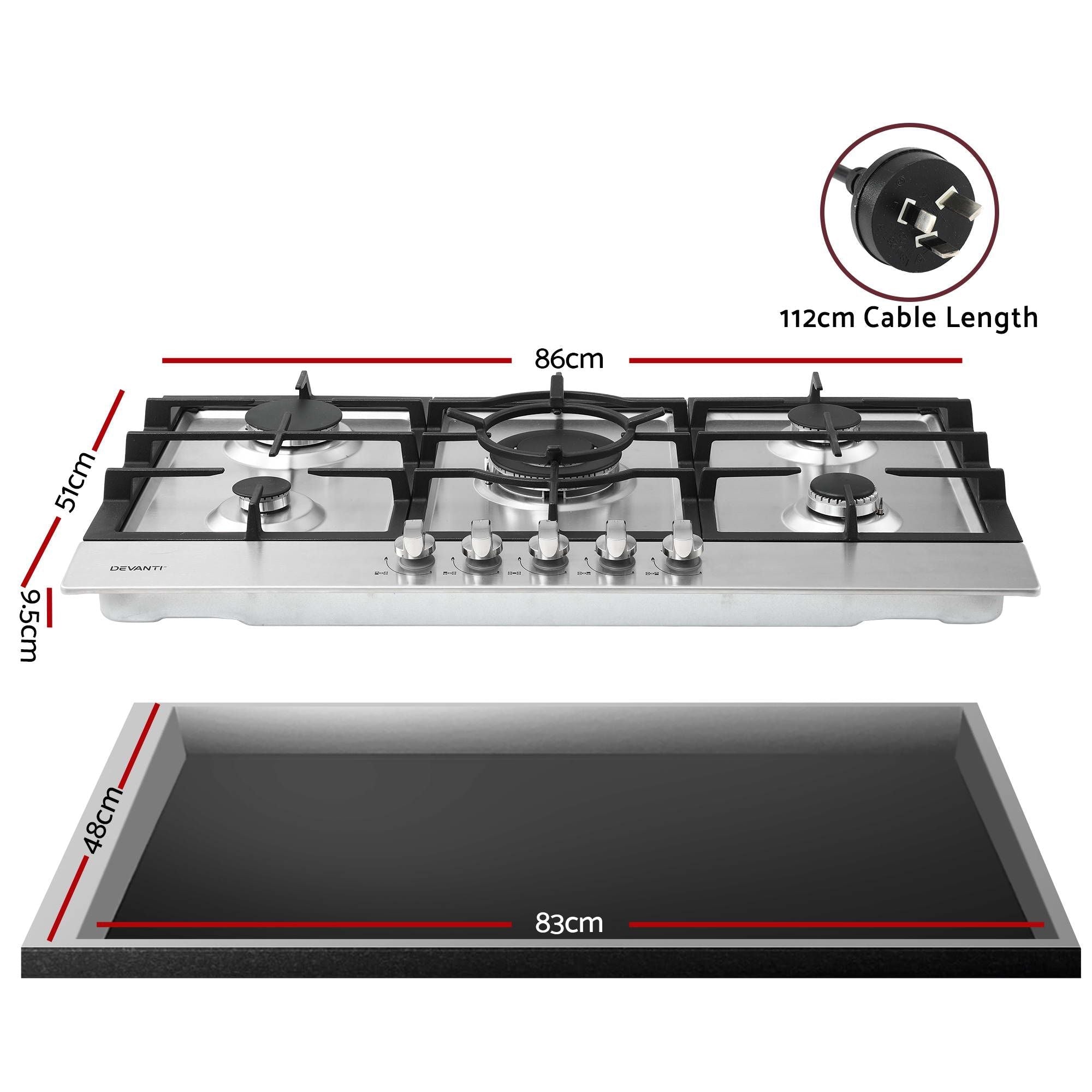 90cm Gas Cooktop 5 Burner LPG NG Stainless Steel Hob Silver - Appliances > Kitchen Appliances > Cooktops & Stoves - Rivercity House & Home Co. (ABN 18 642 972 209) - Affordable Modern Furniture Australia