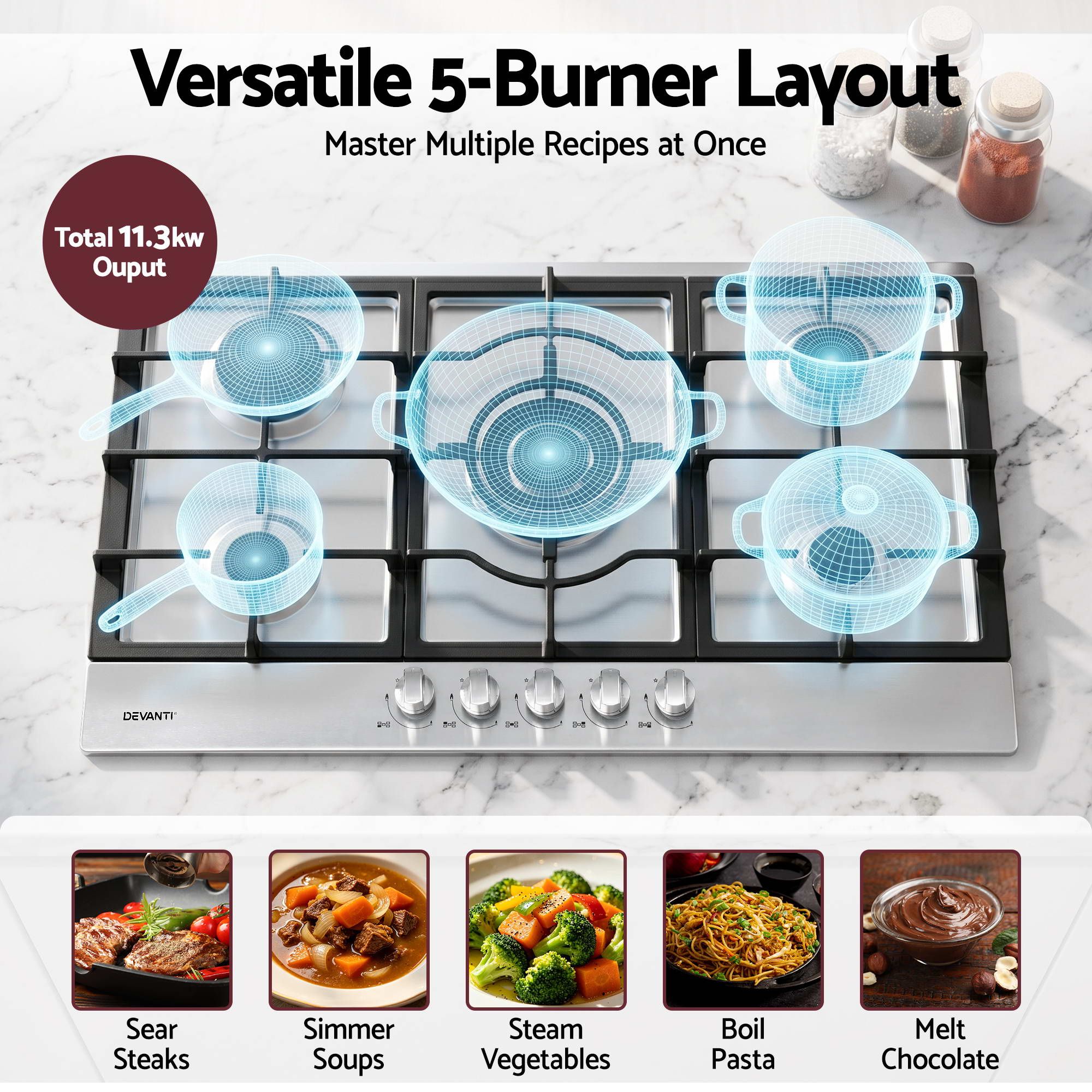 90cm Gas Cooktop 5 Burner LPG NG Stainless Steel Hob Silver - Appliances > Kitchen Appliances > Cooktops & Stoves - Rivercity House & Home Co. (ABN 18 642 972 209) - Affordable Modern Furniture Australia