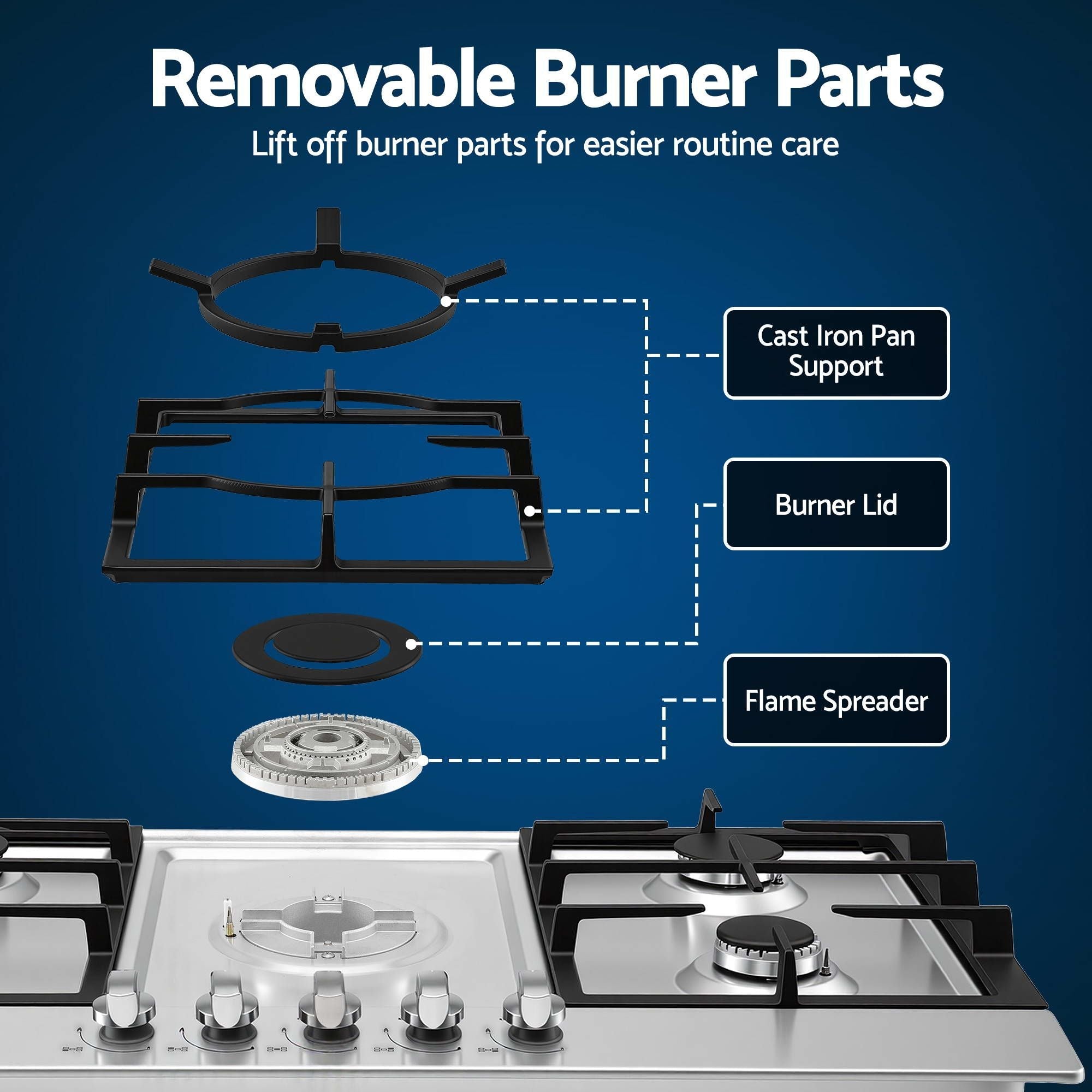 90cm Gas Cooktop 5 Burner LPG NG Stainless Steel Hob Silver - Appliances > Kitchen Appliances > Cooktops & Stoves - Rivercity House & Home Co. (ABN 18 642 972 209) - Affordable Modern Furniture Australia