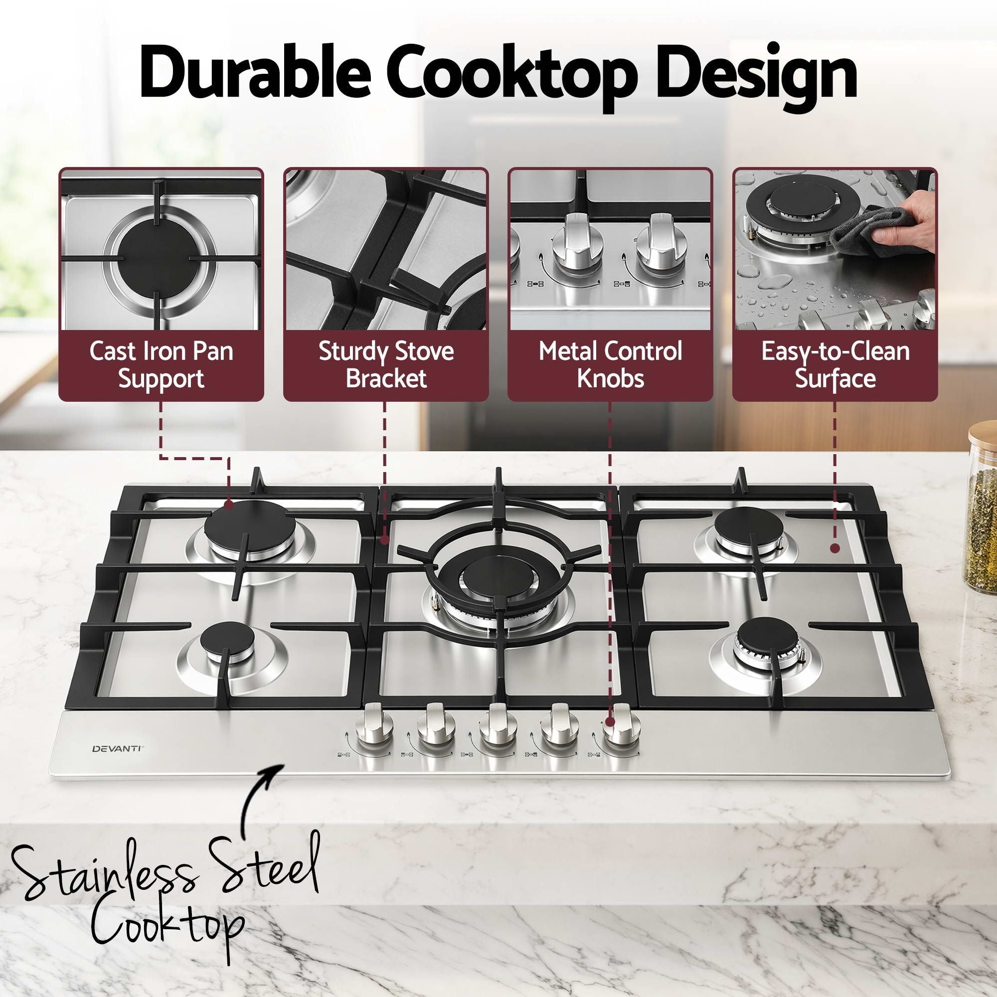 90cm Gas Cooktop 5 Burner LPG NG Stainless Steel Hob Silver - Appliances > Kitchen Appliances > Cooktops & Stoves - Rivercity House & Home Co. (ABN 18 642 972 209) - Affordable Modern Furniture Australia