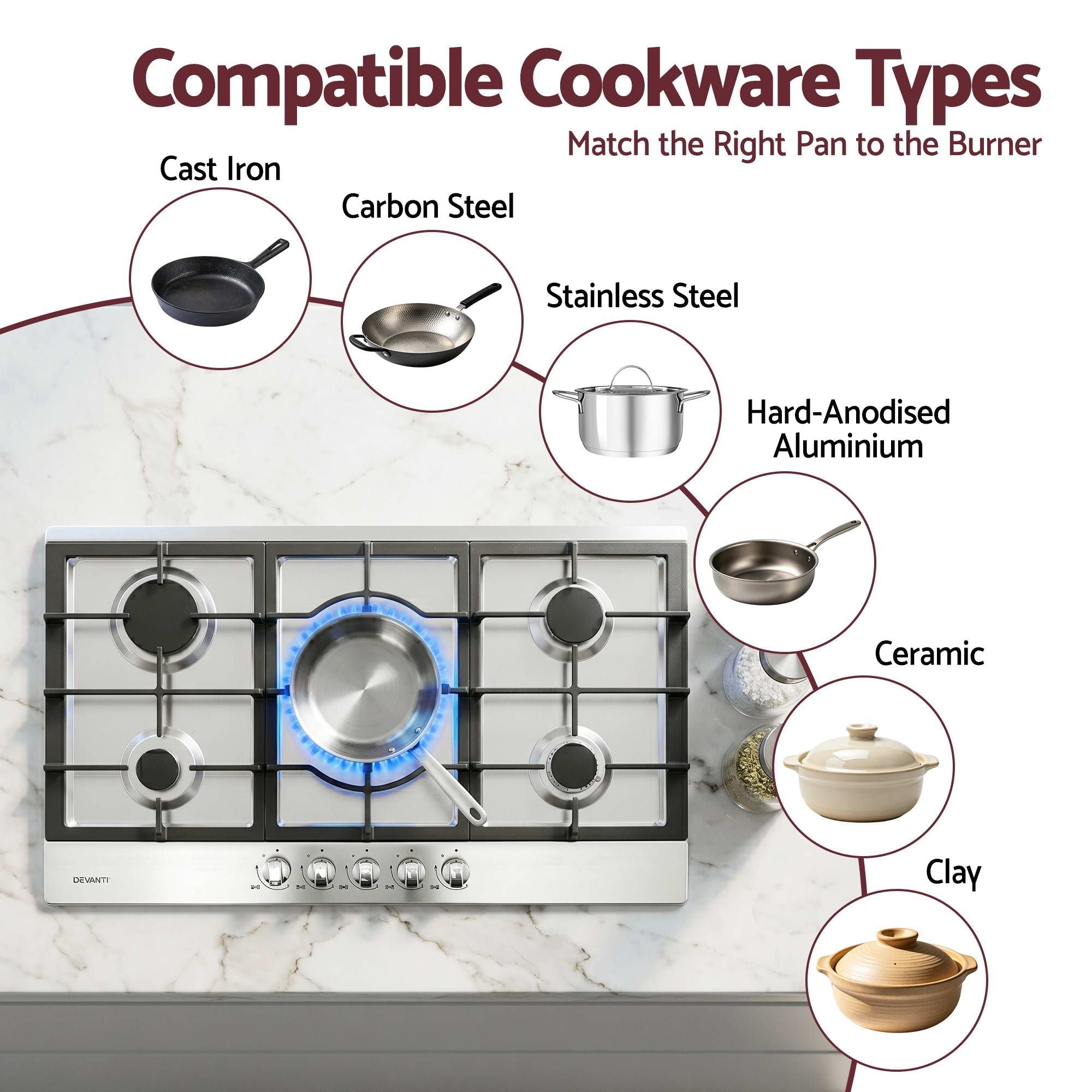 90cm Gas Cooktop 5 Burner LPG NG Stainless Steel Hob Silver - Appliances > Kitchen Appliances > Cooktops & Stoves - Rivercity House & Home Co. (ABN 18 642 972 209) - Affordable Modern Furniture Australia