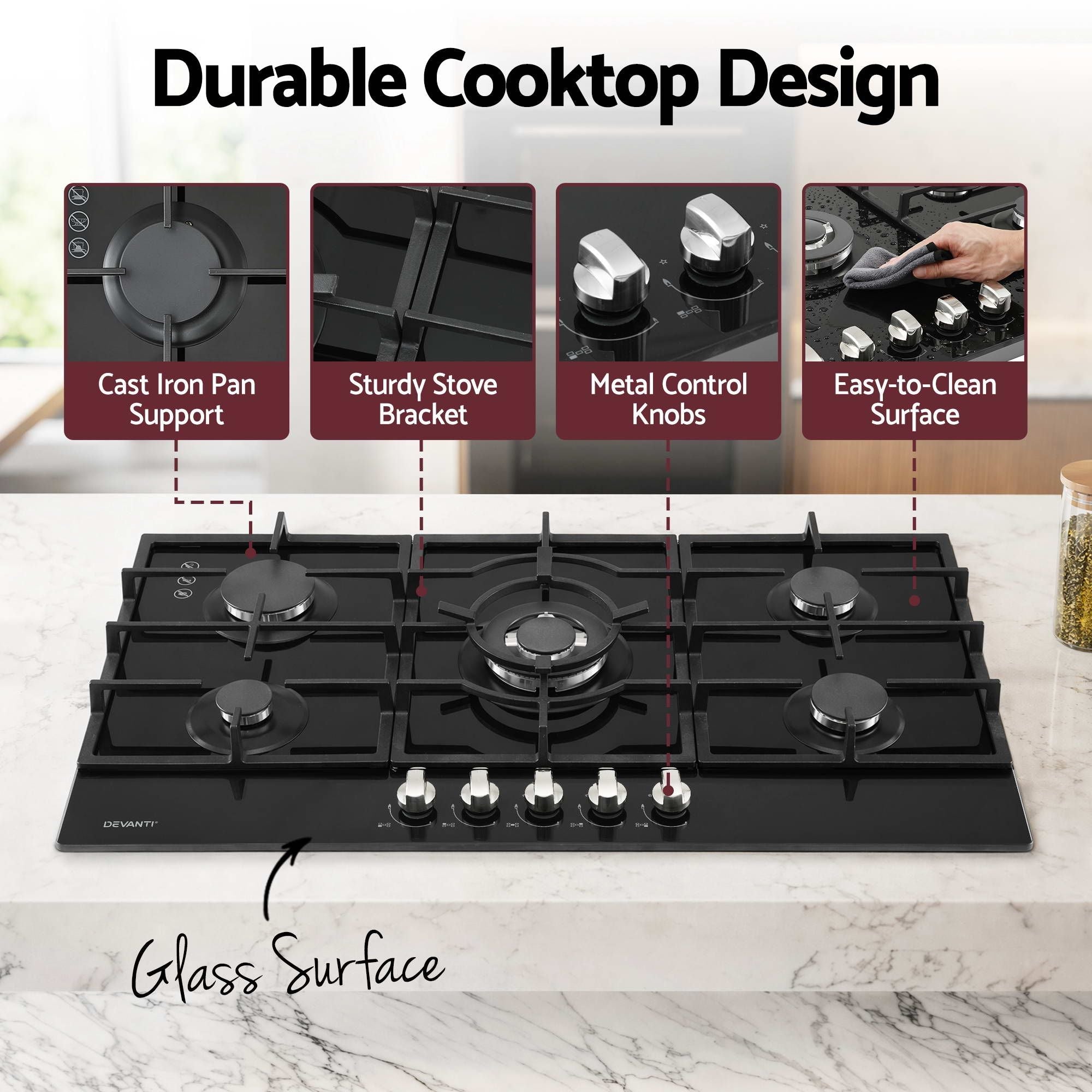 90cm Gas Cooktop 5 Burner LPG NG Tempered Glass Hob Black - Appliances > Kitchen Appliances > Cooktops & Stoves - Rivercity House & Home Co. (ABN 18 642 972 209) - Affordable Modern Furniture Australia