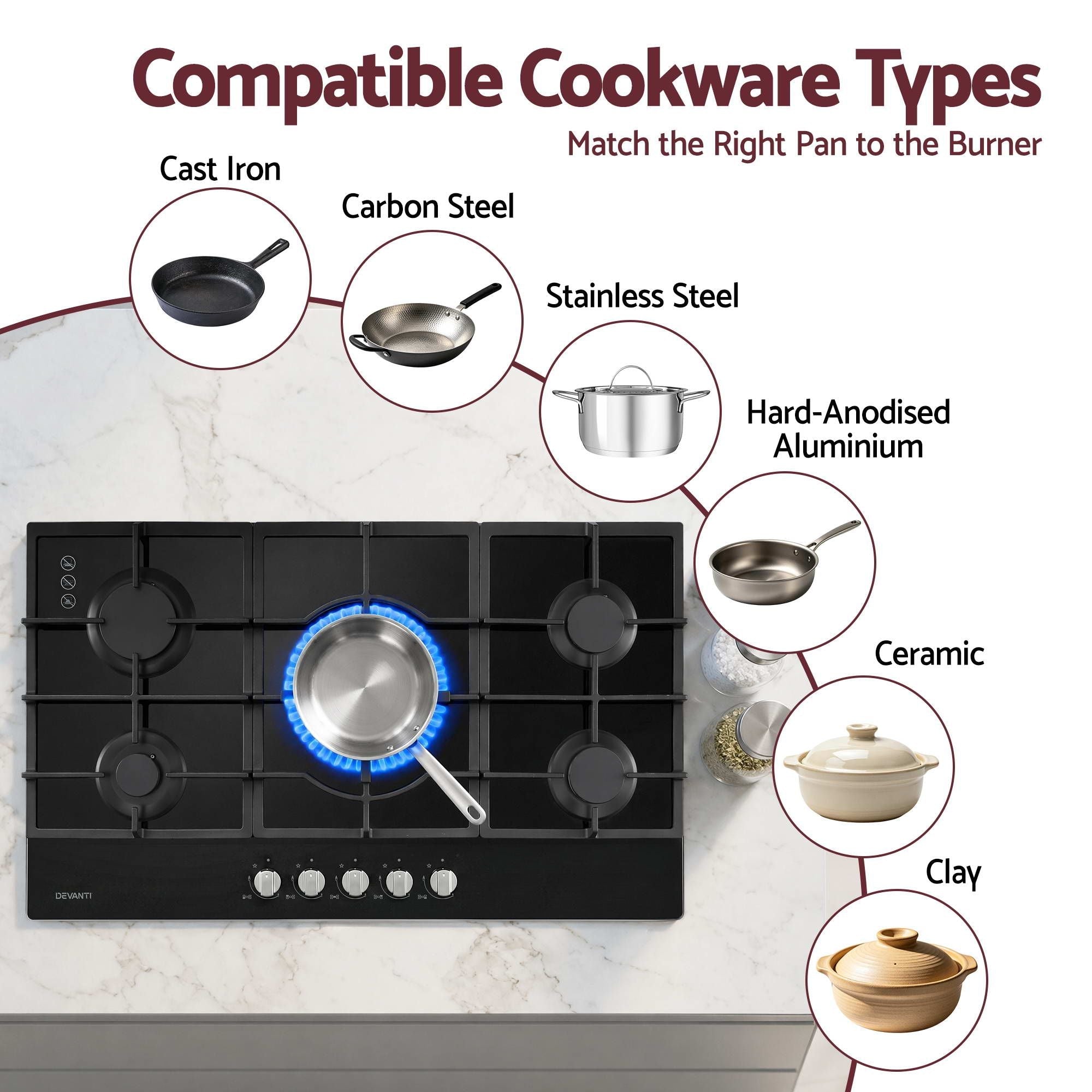 90cm Gas Cooktop 5 Burner LPG NG Tempered Glass Hob Black - Appliances > Kitchen Appliances > Cooktops & Stoves - Rivercity House & Home Co. (ABN 18 642 972 209) - Affordable Modern Furniture Australia