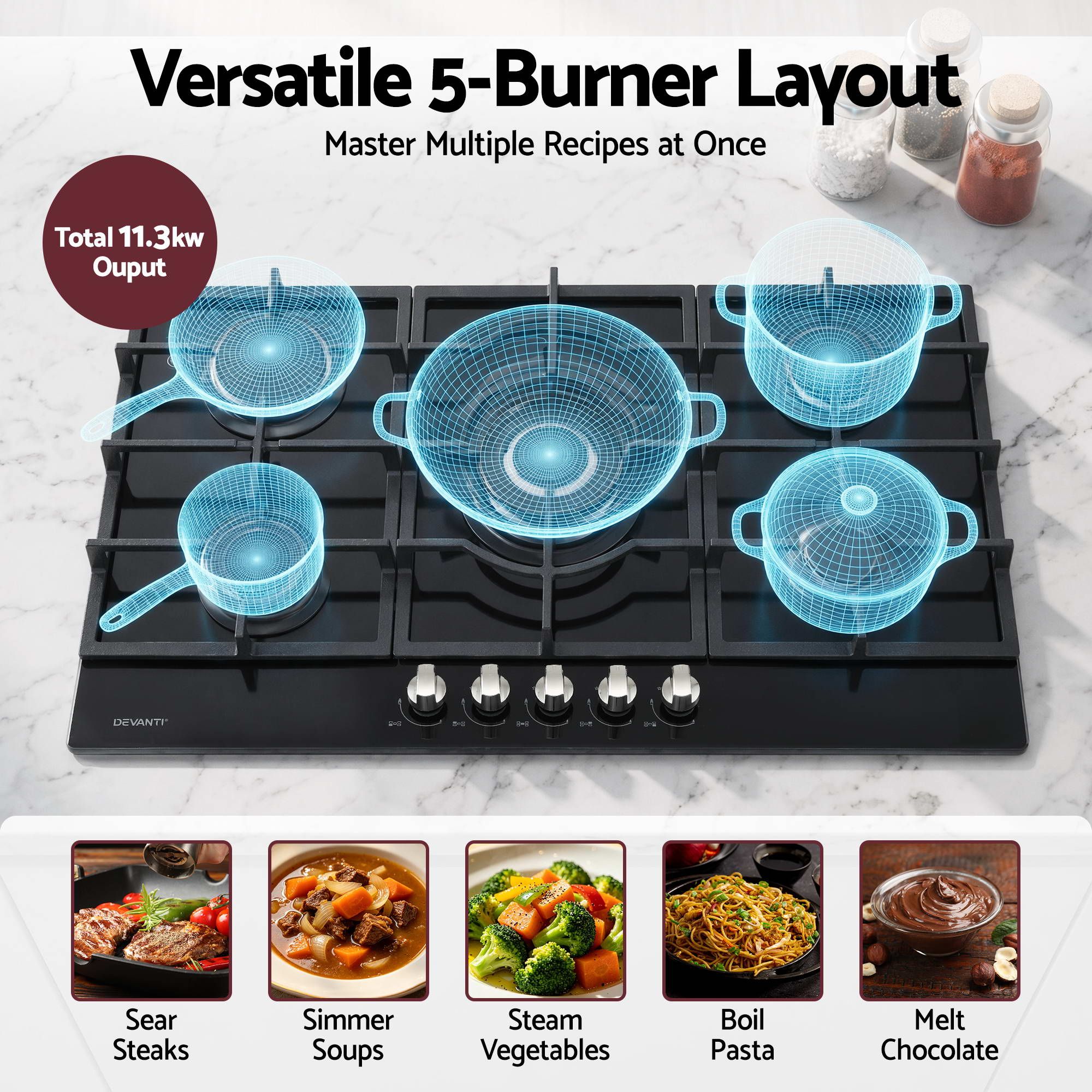 90cm Gas Cooktop 5 Burner LPG NG Tempered Glass Hob Black - Appliances > Kitchen Appliances > Cooktops & Stoves - Rivercity House & Home Co. (ABN 18 642 972 209) - Affordable Modern Furniture Australia
