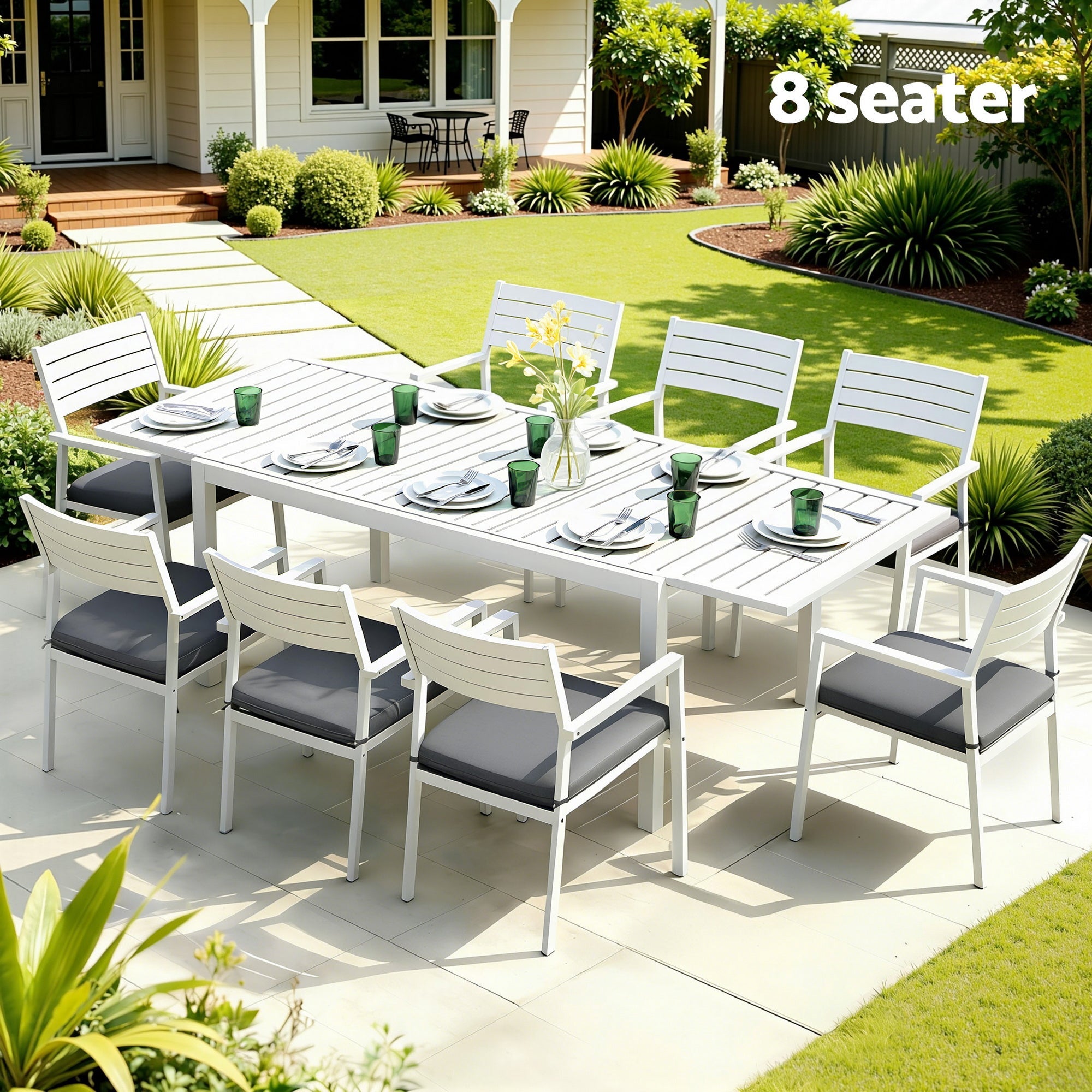 9PCS Outdoor Extendable Aluminum Dining Set with Cushions - White - Furniture > Outdoor > Outdoor Dining Sets - Rivercity House & Home Co. (ABN 18 642 972 209) - Affordable Modern Furniture Australia
