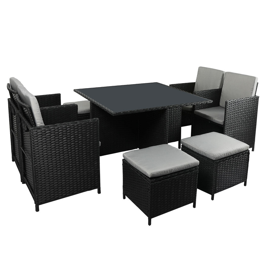 9PCS Outdoor Table, Chairs & Ottomans Set with Cushions - Black - Rivercity House & Home Co. (ABN 18 642 972 209) - Affordable Modern Furniture Australia