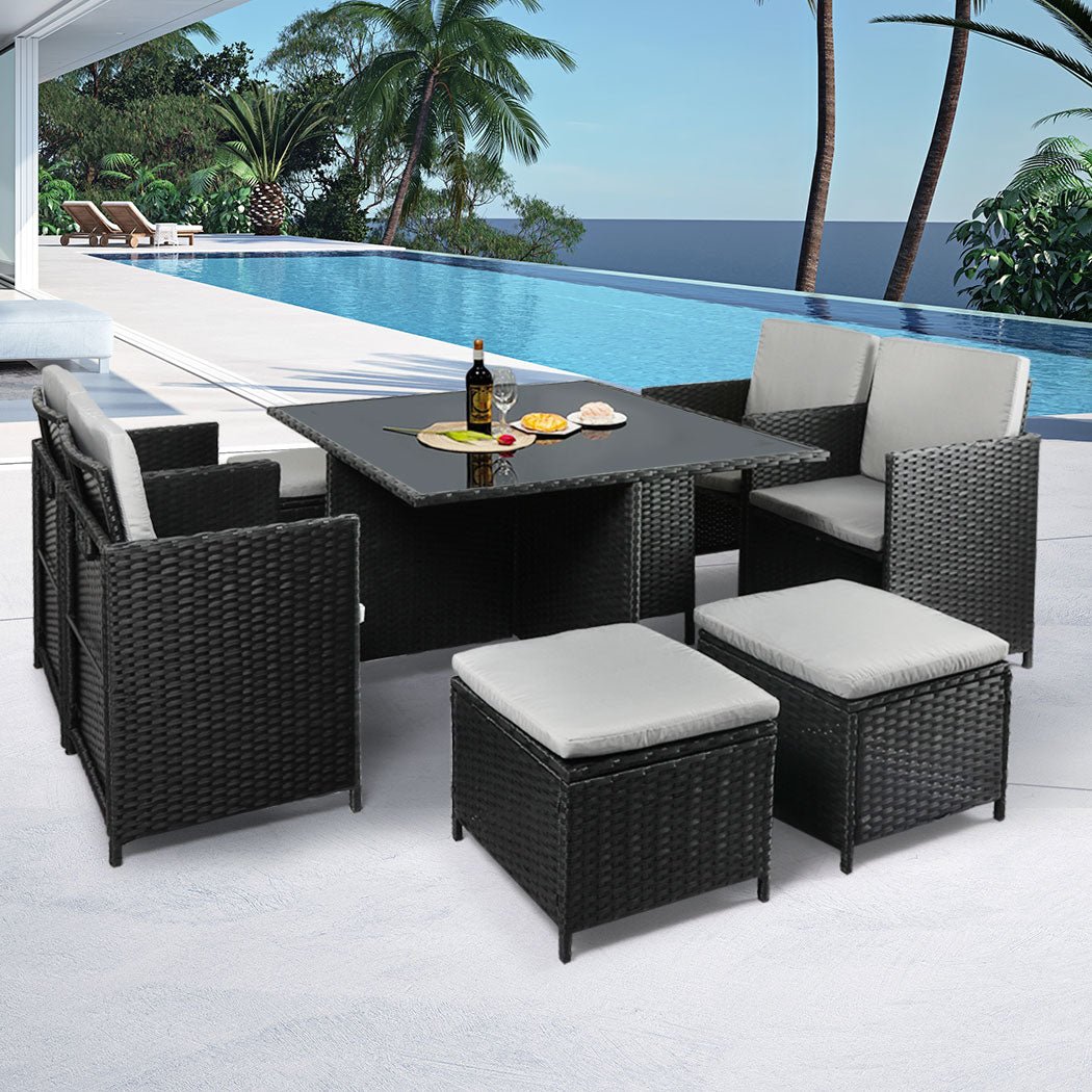 9PCS Outdoor Table, Chairs & Ottomans Set with Cushions - Black - Rivercity House & Home Co. (ABN 18 642 972 209) - Affordable Modern Furniture Australia