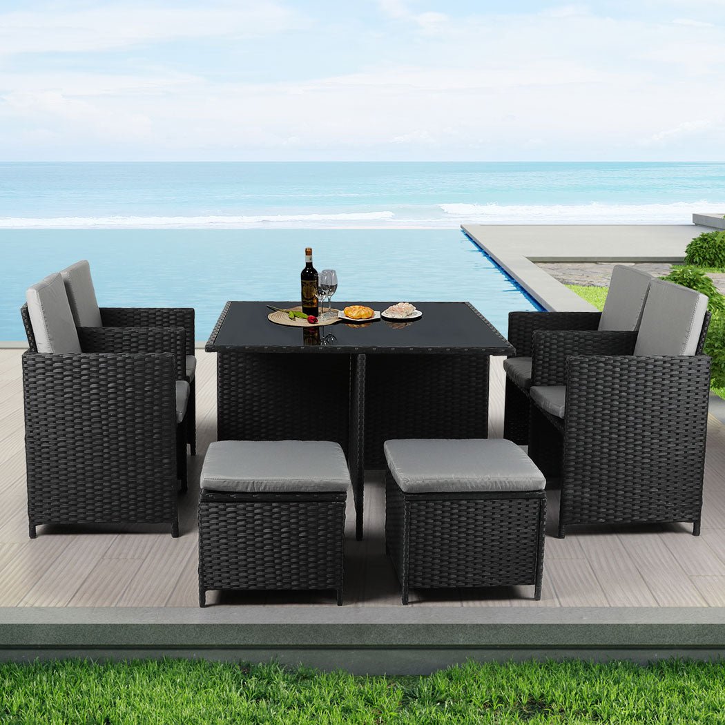 9PCS Outdoor Table, Chairs & Ottomans Set with Cushions - Black - Rivercity House & Home Co. (ABN 18 642 972 209) - Affordable Modern Furniture Australia
