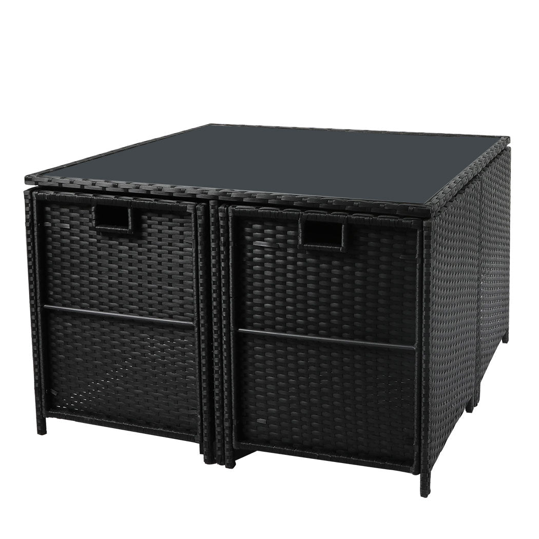 9PCS Outdoor Table, Chairs & Ottomans Set with Cushions - Black - Rivercity House & Home Co. (ABN 18 642 972 209) - Affordable Modern Furniture Australia