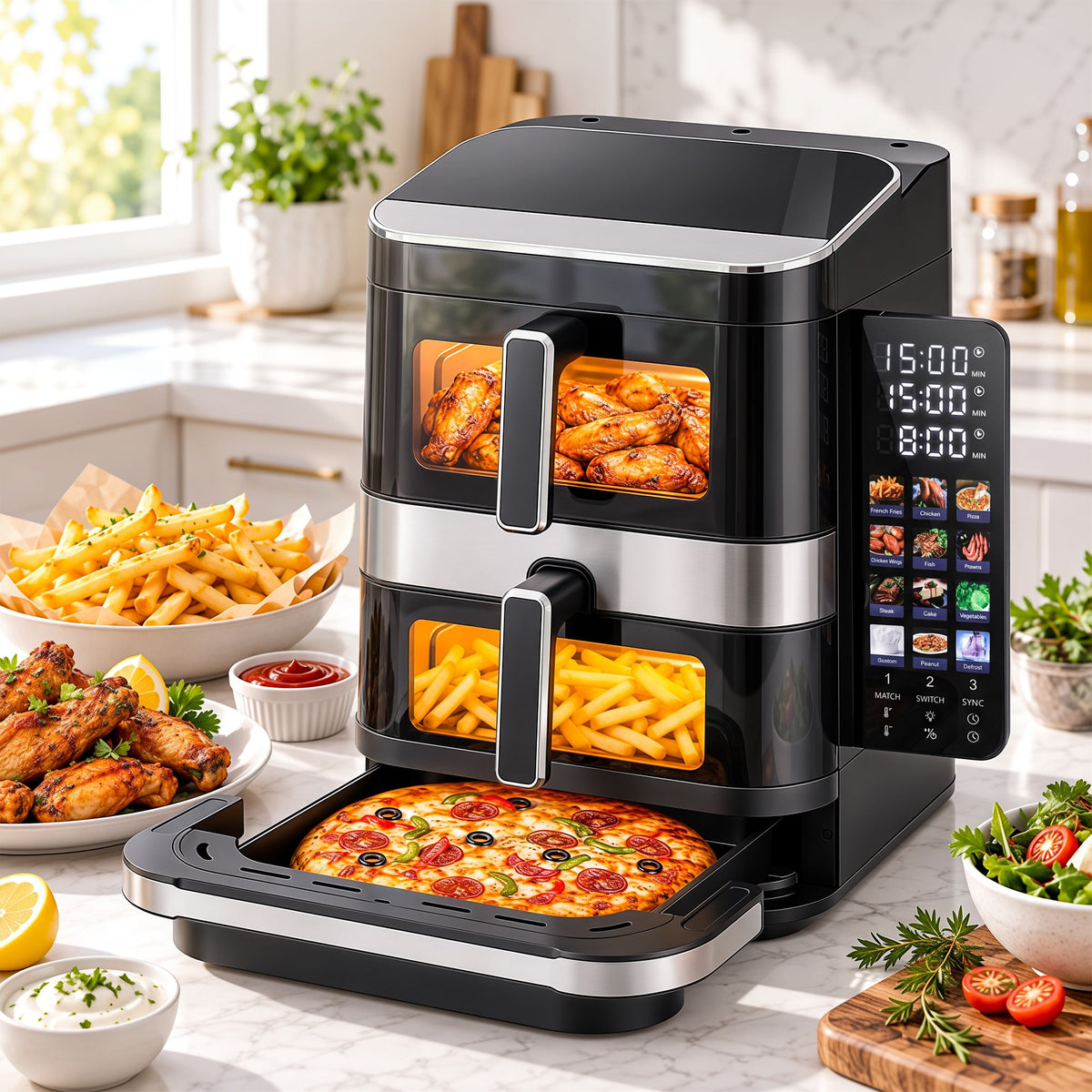 12L Dual Basket Air Fryer with 10 Inch Pizza Maker, 2800W, Touch Control - Black