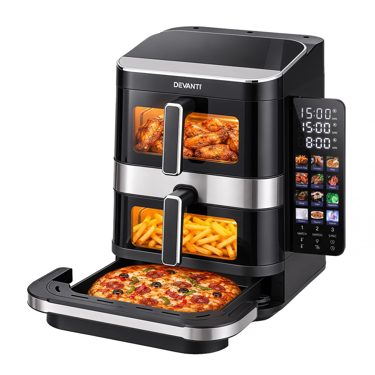 12L Dual Basket Air Fryer with 10 Inch Pizza Maker, 2800W, Touch Control - Black