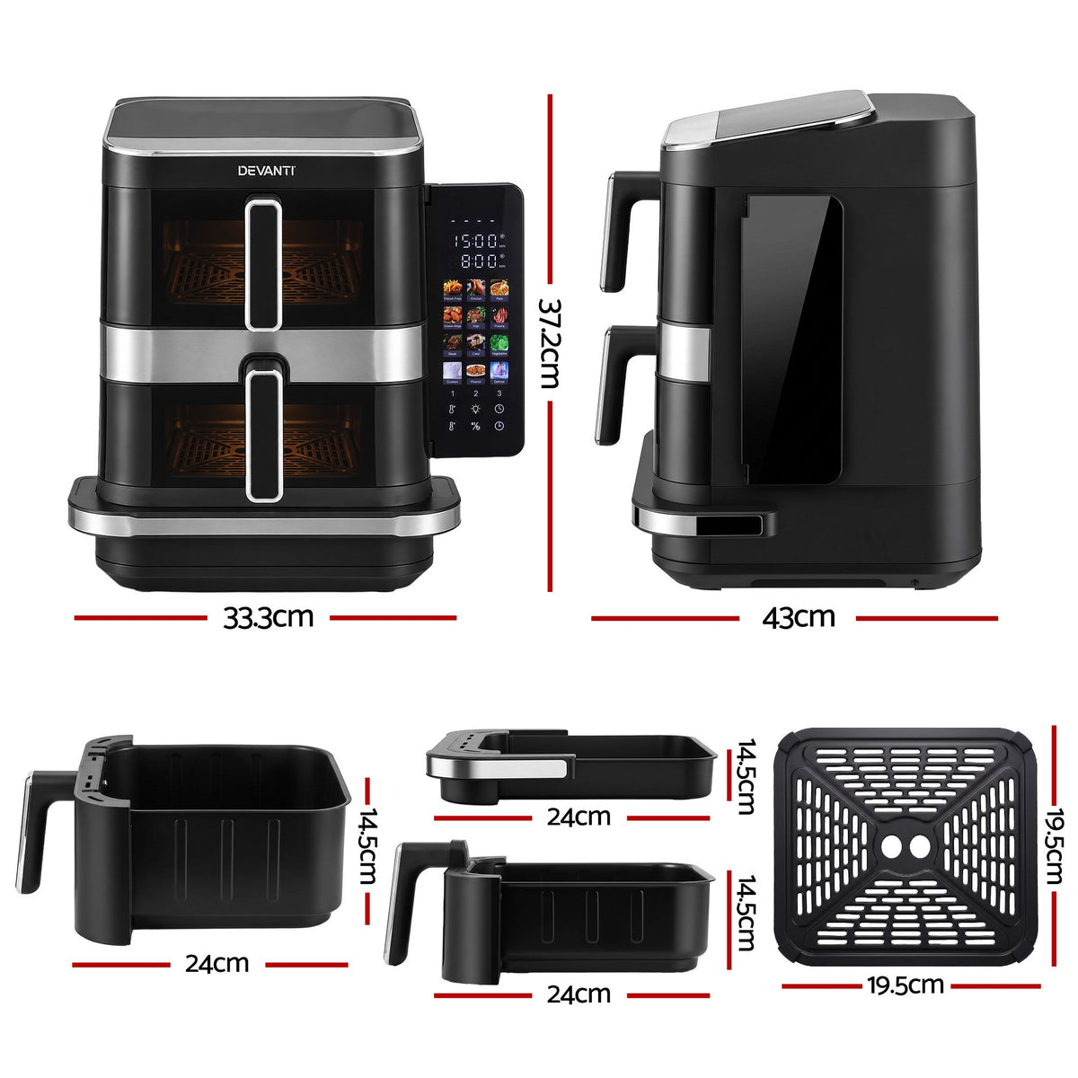 12L Dual Basket Air Fryer with 10 Inch Pizza Maker, 2800W, Touch Control - Black