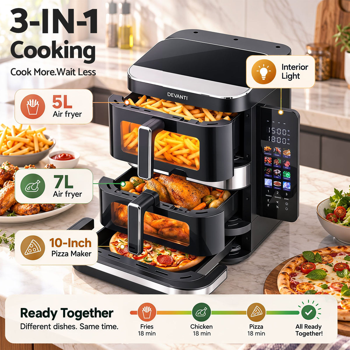 12L Dual Basket Air Fryer with 10 Inch Pizza Maker, 2800W, Touch Control - Black