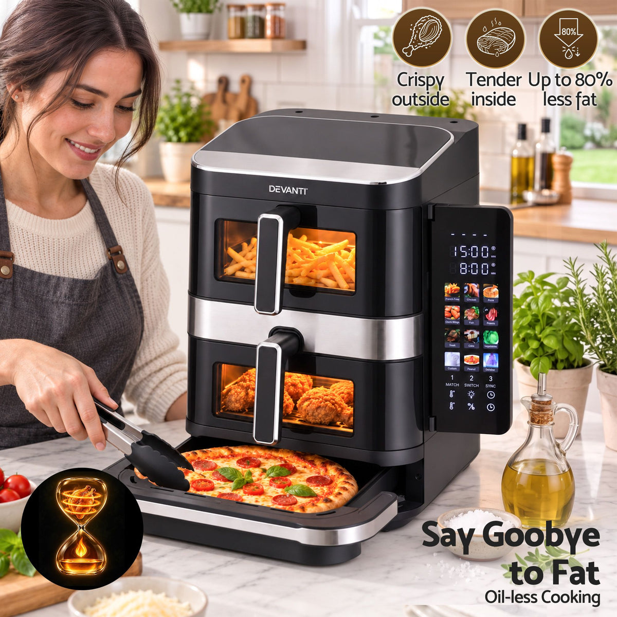 12L Dual Basket Air Fryer with 10 Inch Pizza Maker, 2800W, Touch Control - Black