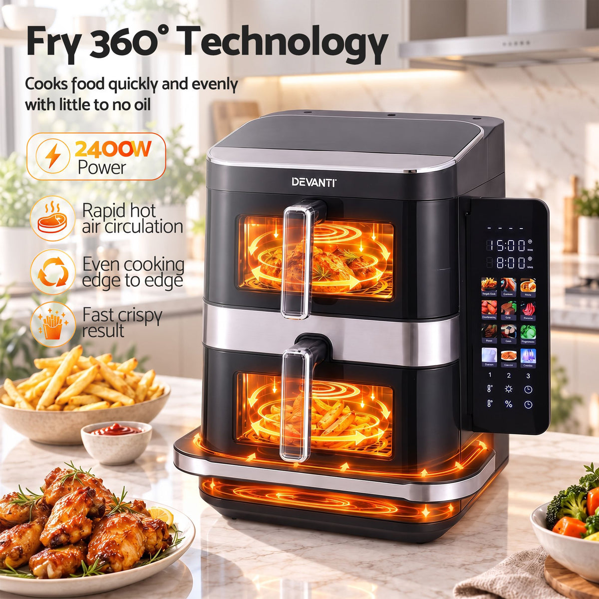 12L Dual Basket Air Fryer with 10 Inch Pizza Maker, 2800W, Touch Control - Black
