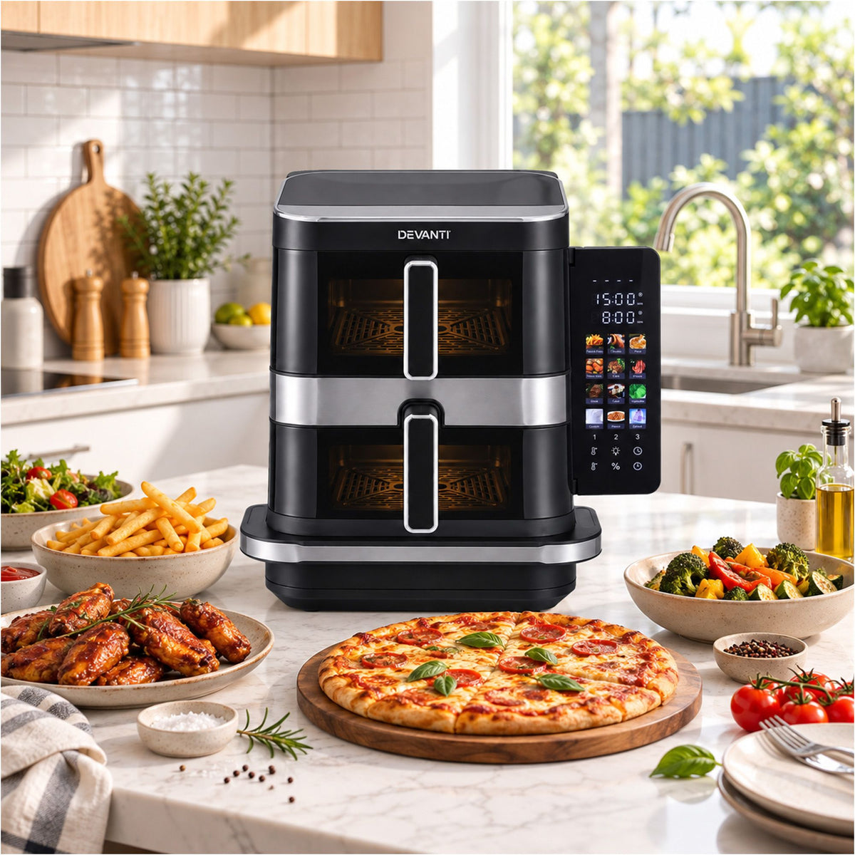 12L Dual Basket Air Fryer with 10 Inch Pizza Maker, 2800W, Touch Control - Black
