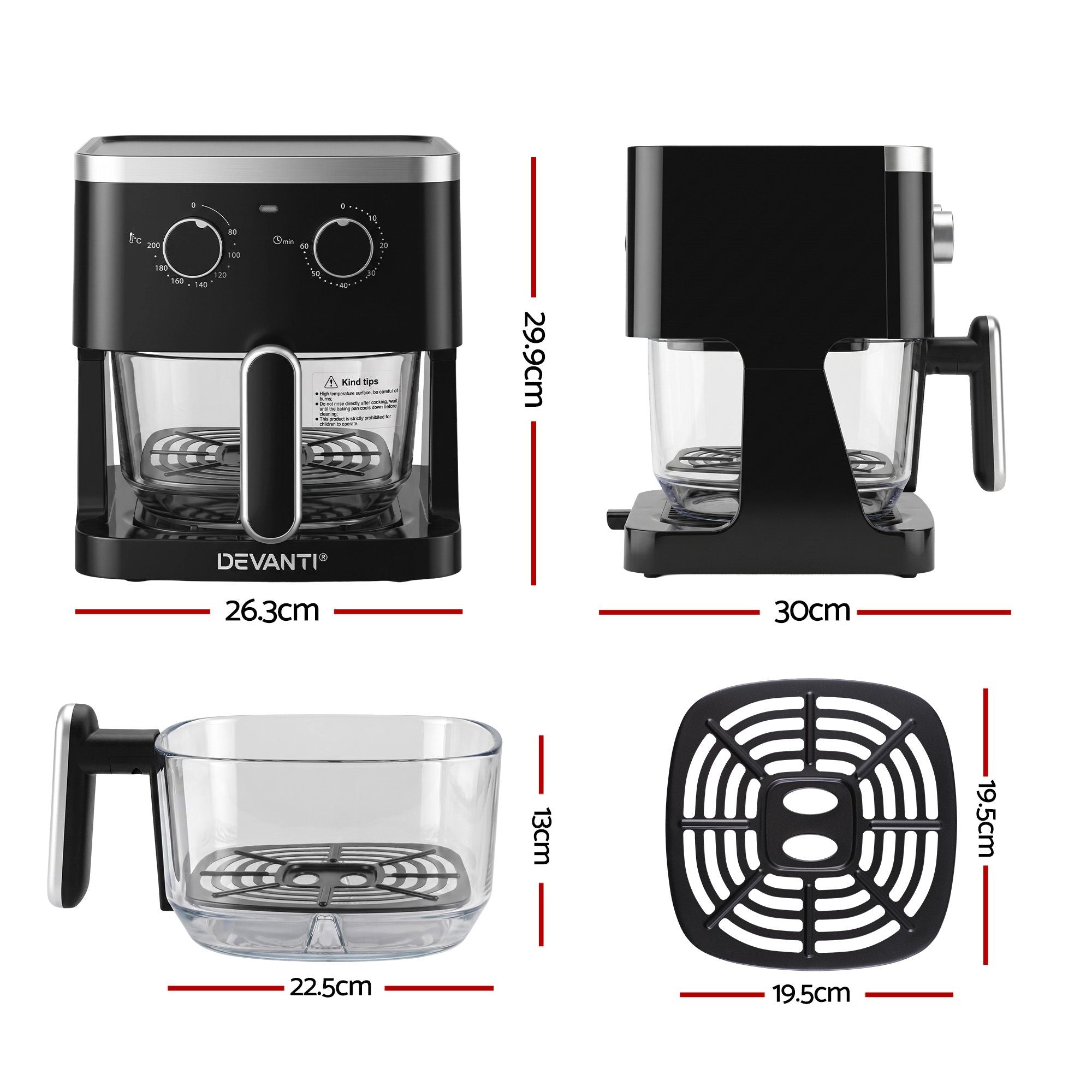 4.5L Glass Air Fryer Kitchen Oven Knob Control 1350W Healthy Cooker Black
