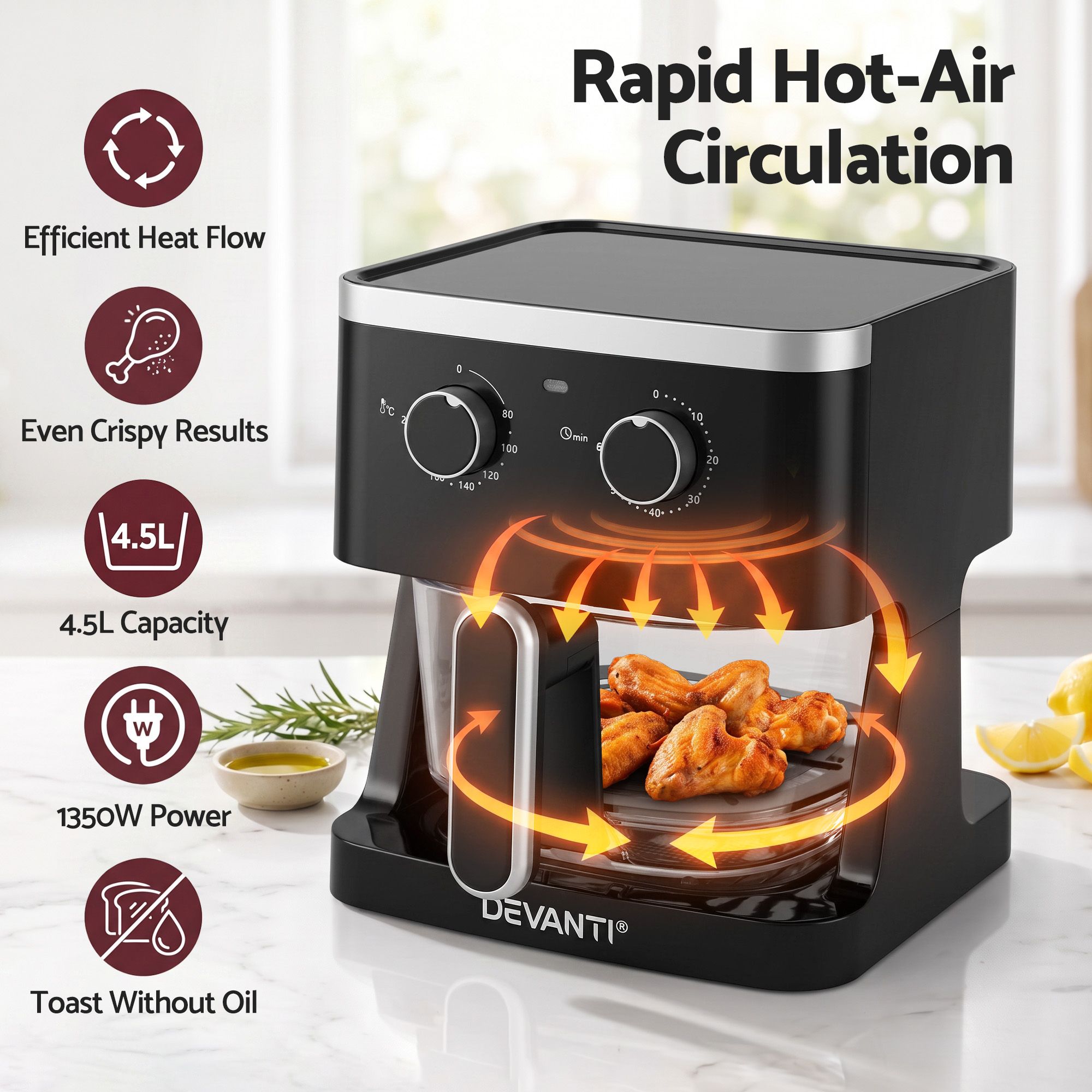 4.5L Glass Air Fryer Kitchen Oven Knob Control 1350W Healthy Cooker Black