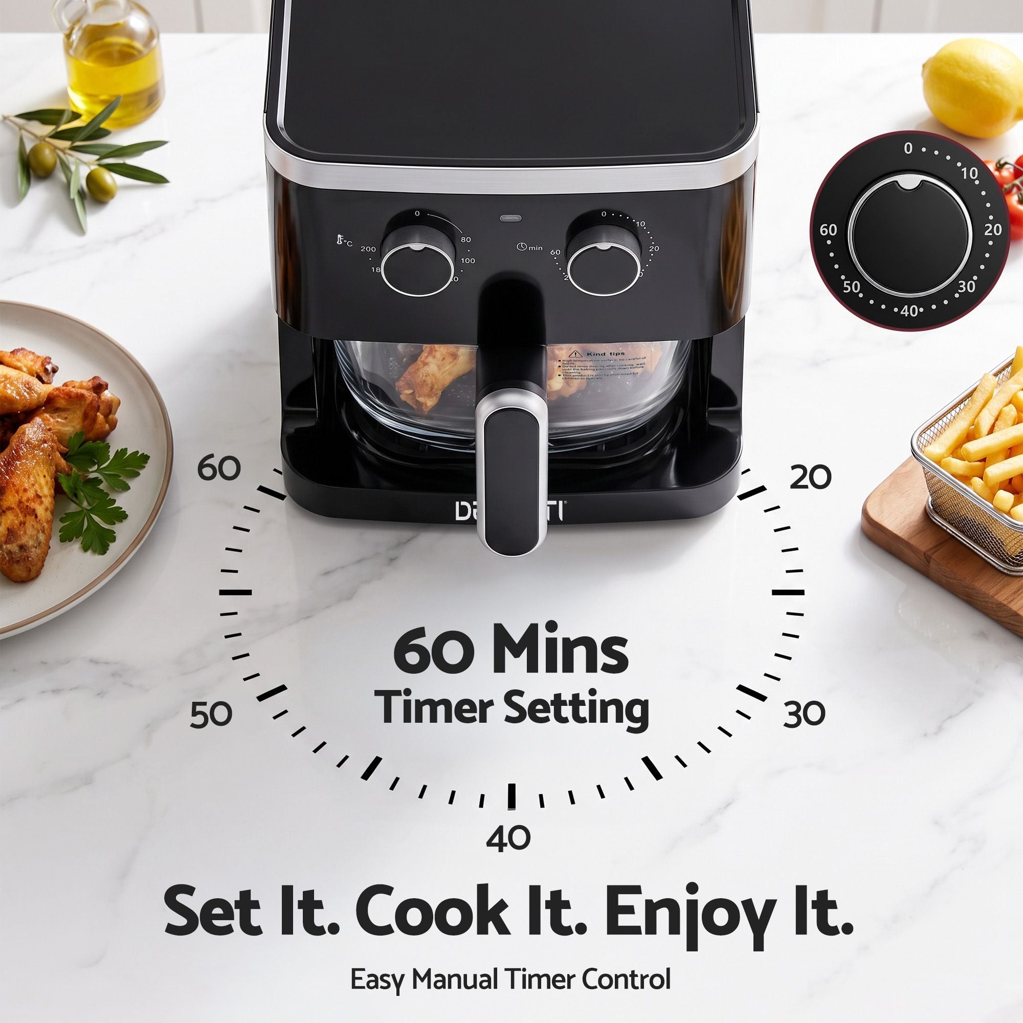4.5L Glass Air Fryer Kitchen Oven Knob Control 1350W Healthy Cooker Black