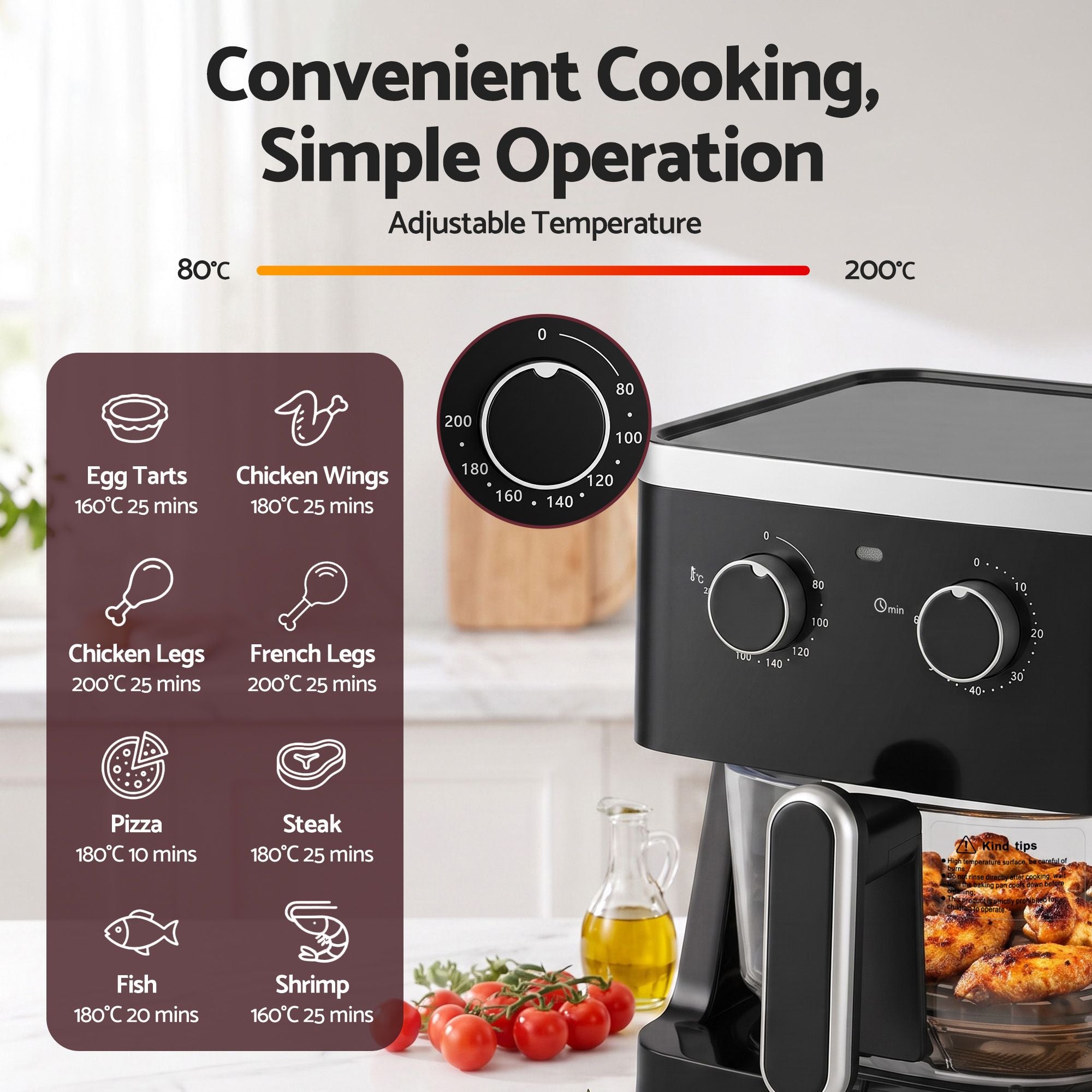 4.5L Glass Air Fryer Kitchen Oven Knob Control 1350W Healthy Cooker Black