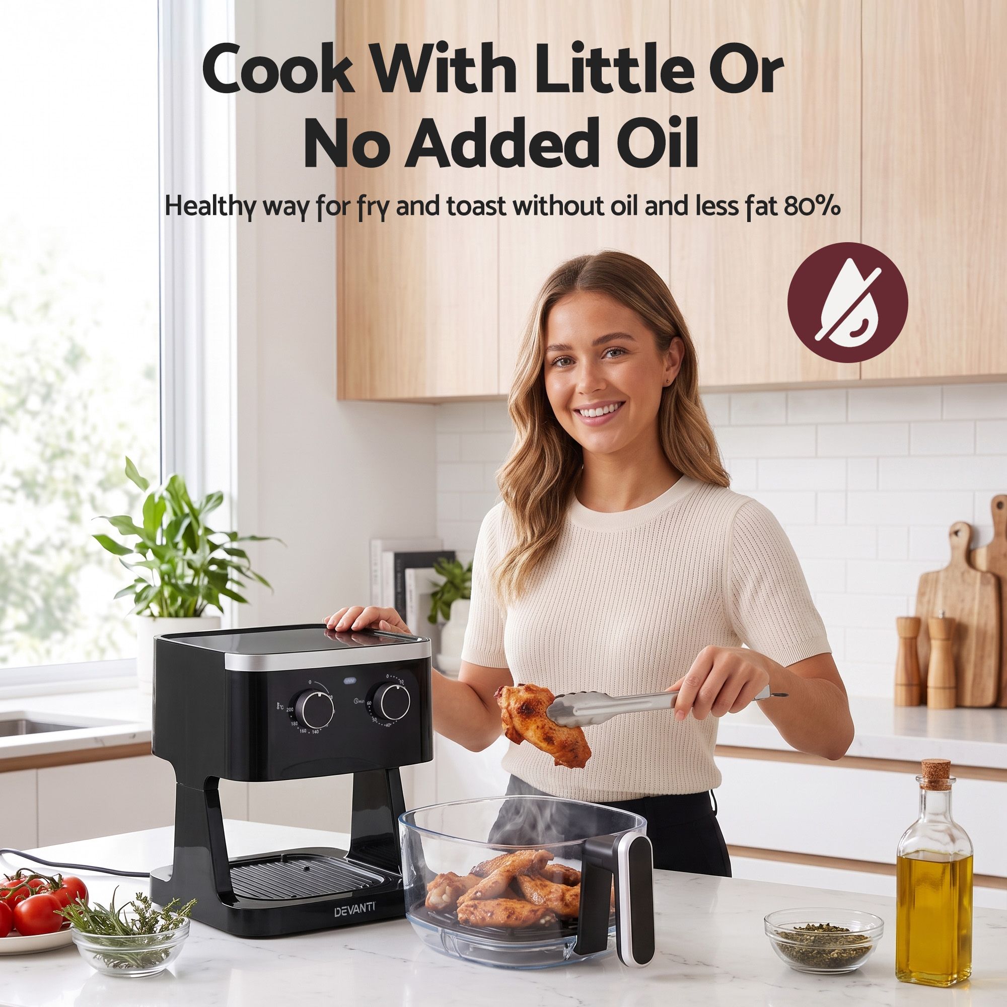 4.5L Glass Air Fryer Kitchen Oven Knob Control 1350W Healthy Cooker Black