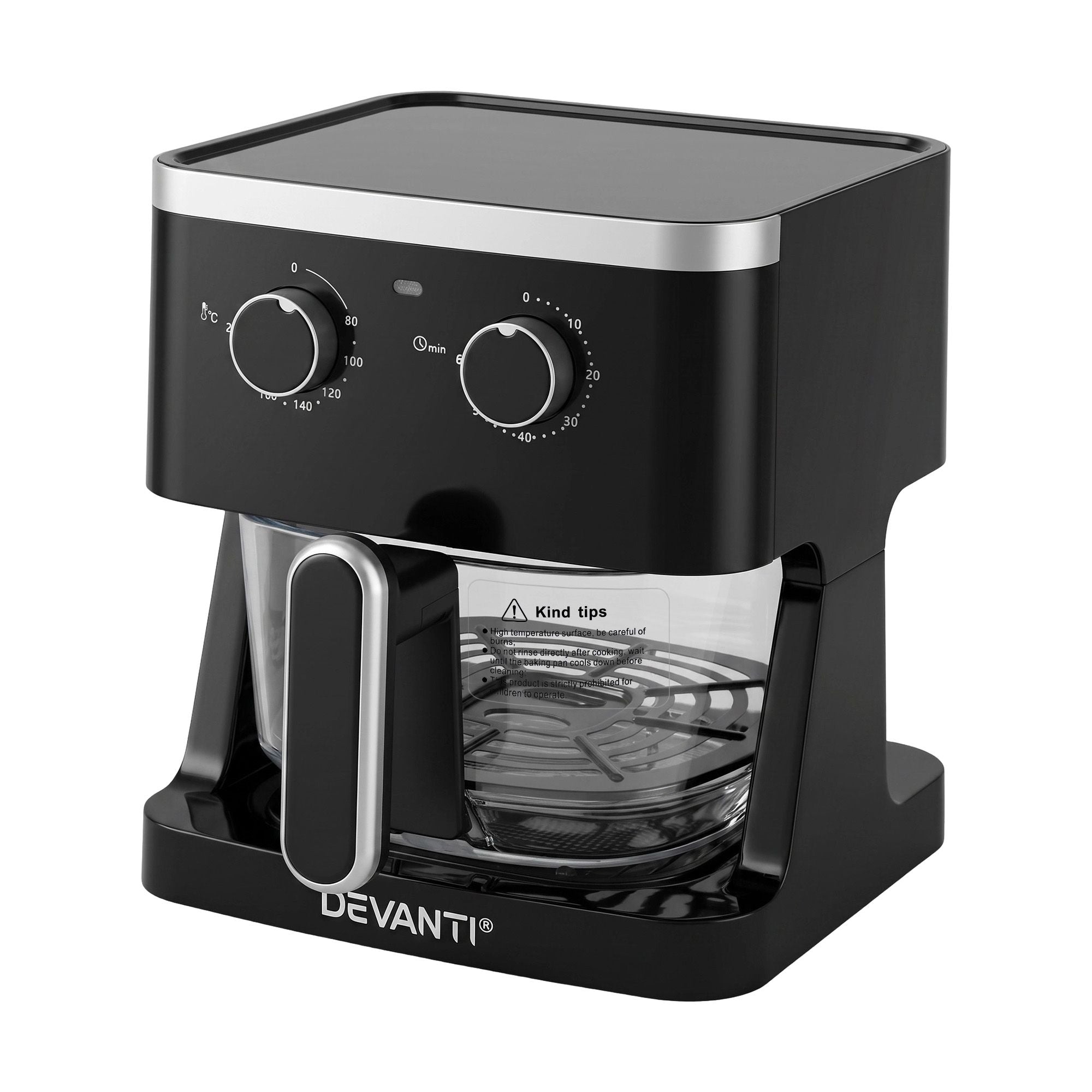 4.5L Glass Air Fryer Kitchen Oven Knob Control 1350W Healthy Cooker Black