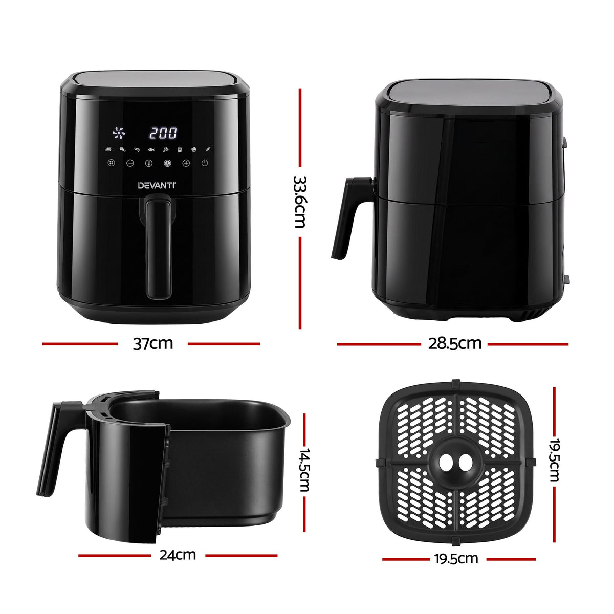 6.5L Digital Touch Air Fryer with 8 Presets and Non-Stick Basket - Black