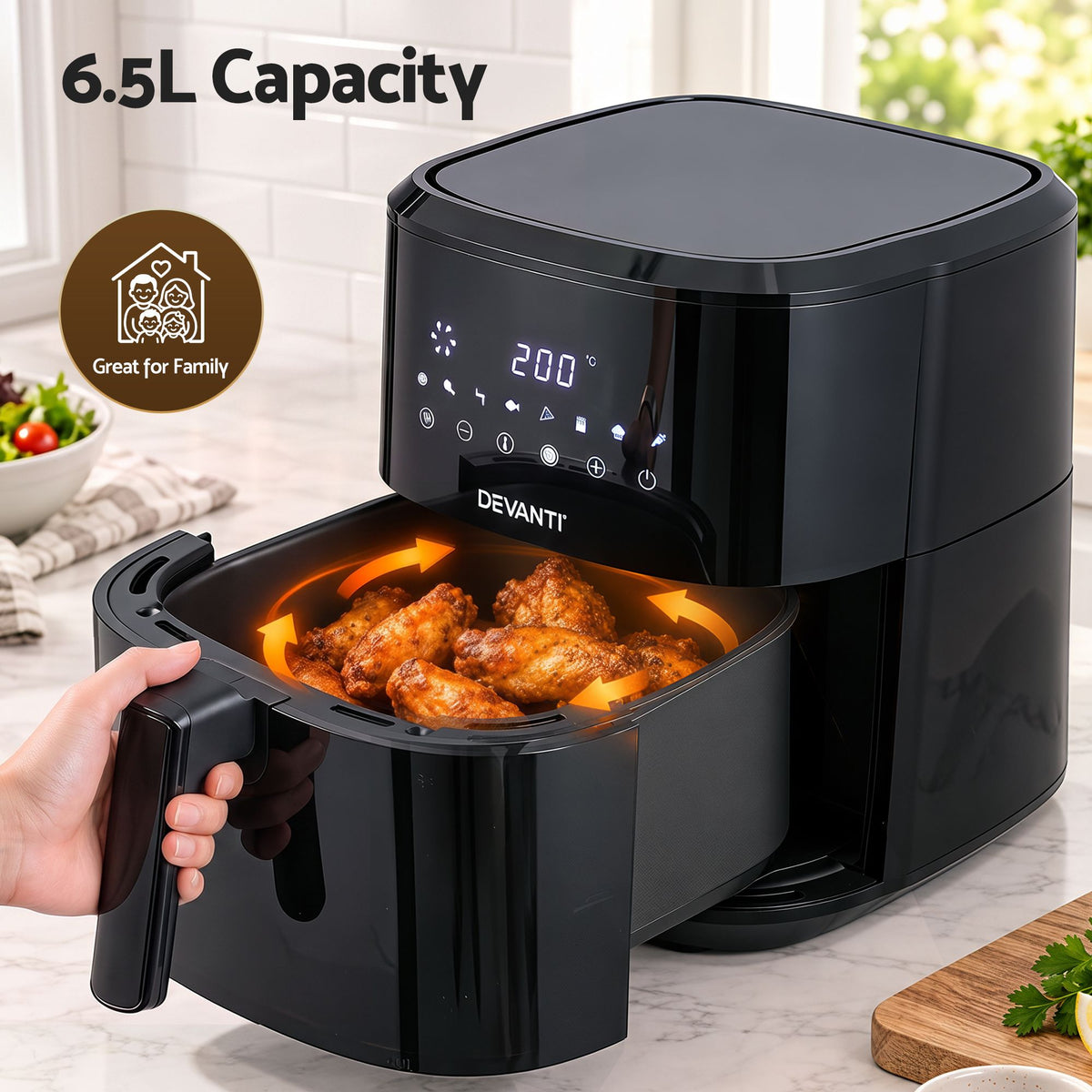 6.5L Digital Touch Air Fryer with 8 Presets and Non-Stick Basket - Black