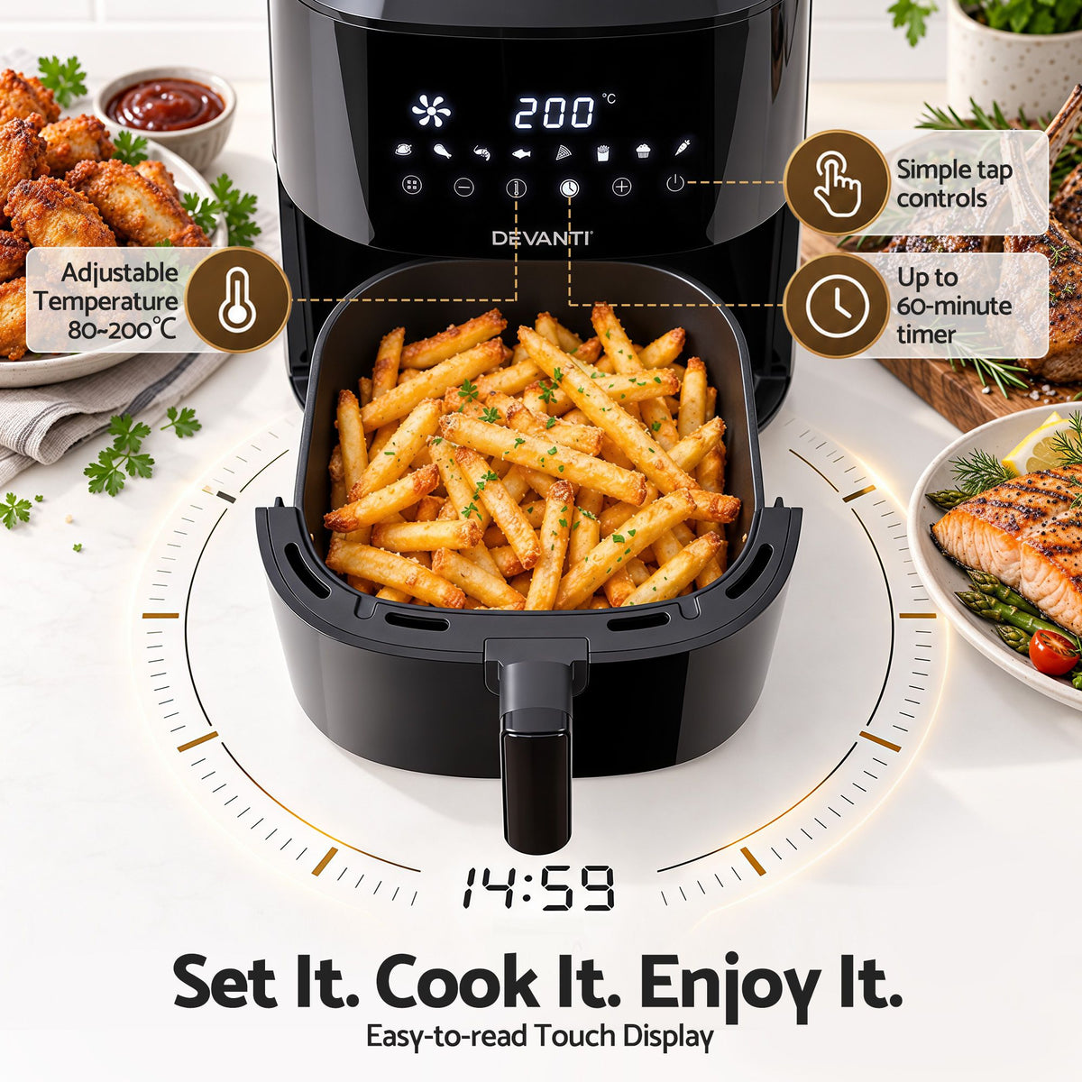 6.5L Digital Touch Air Fryer with 8 Presets and Non-Stick Basket - Black