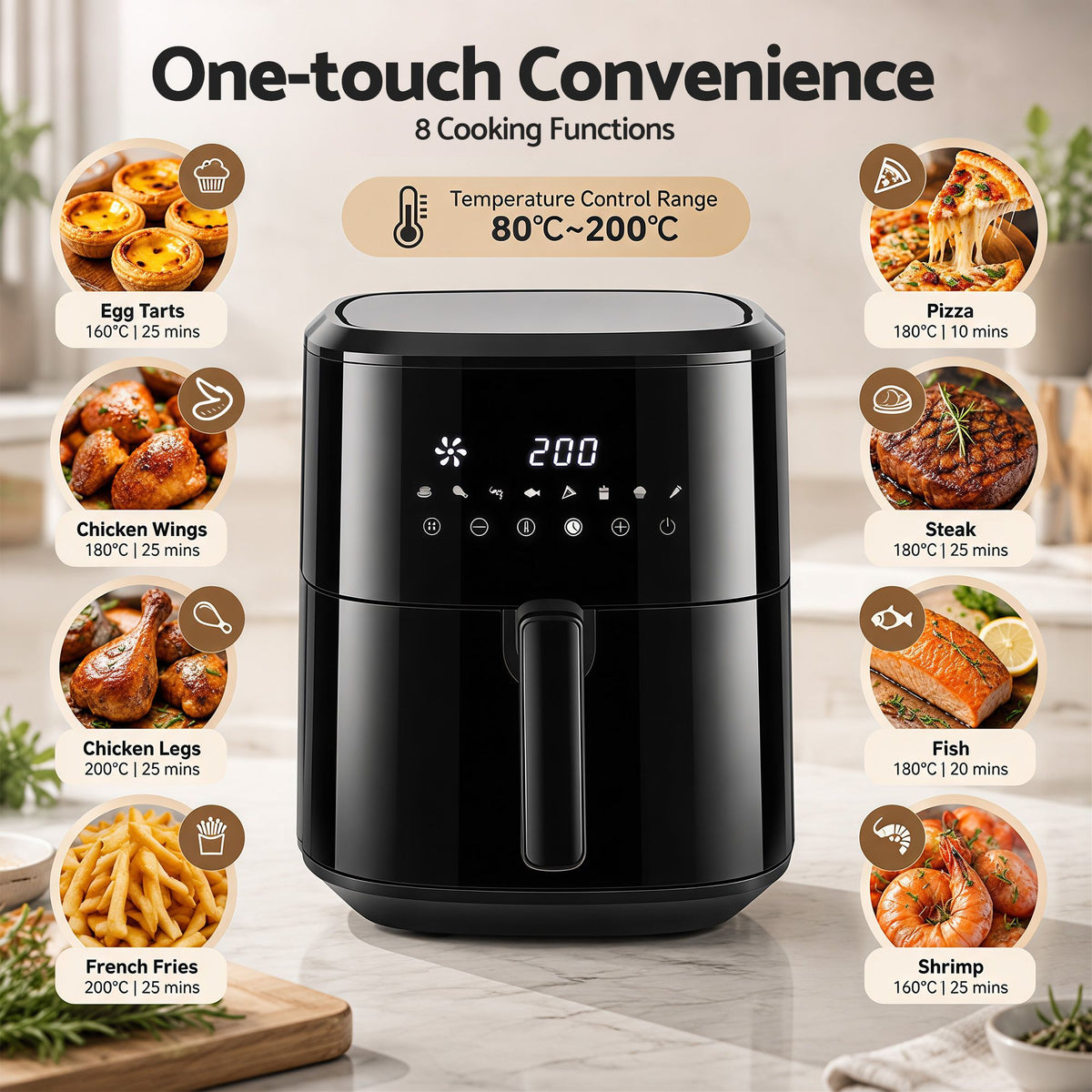 6.5L Digital Touch Air Fryer with 8 Presets and Non-Stick Basket - Black