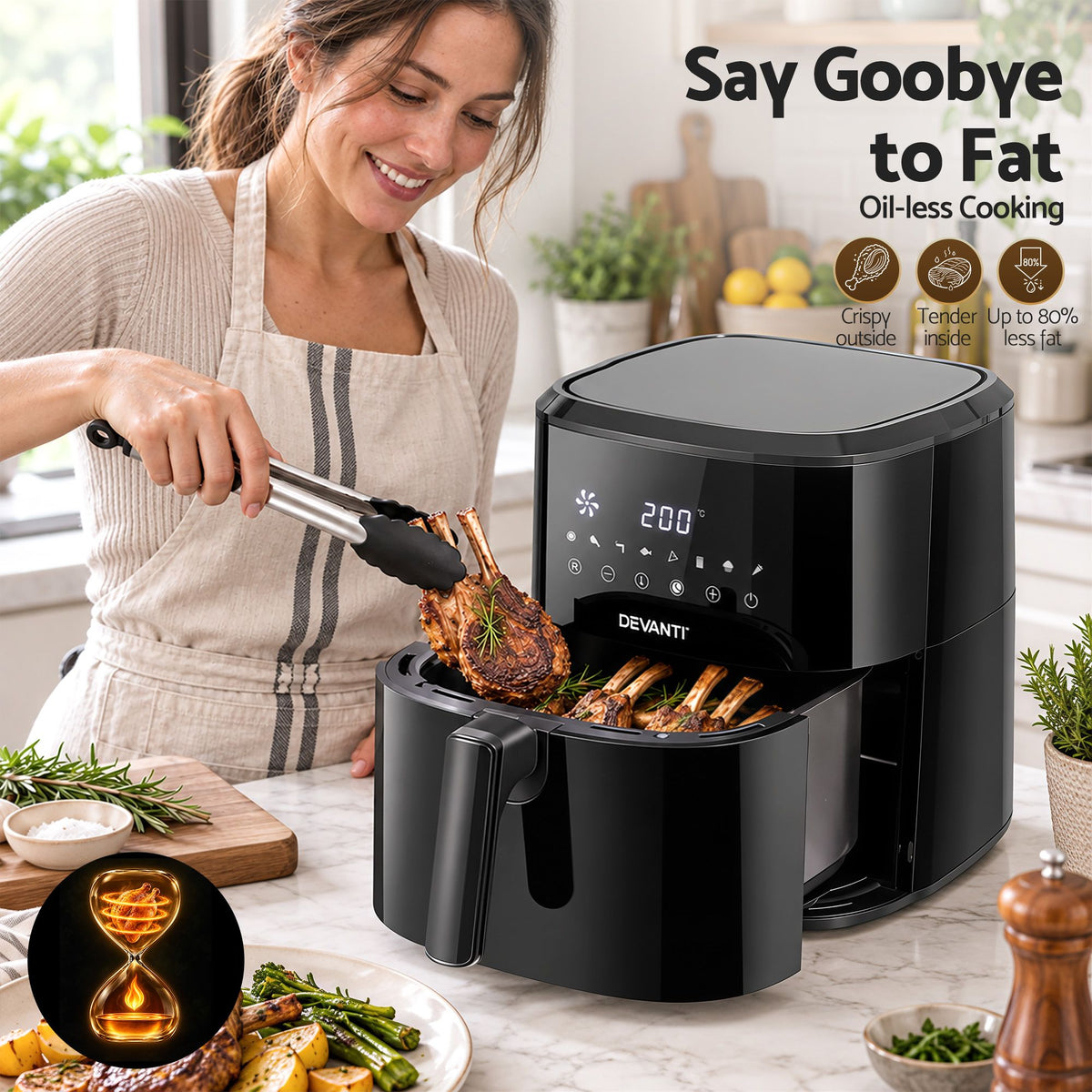 6.5L Digital Touch Air Fryer with 8 Presets and Non-Stick Basket - Black