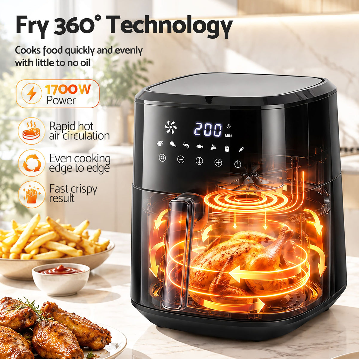 6.5L Digital Touch Air Fryer with 8 Presets and Non-Stick Basket - Black
