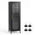 Slim Buffet Cabinet Sideboard with Fluted Glass Door and Wheels - Black