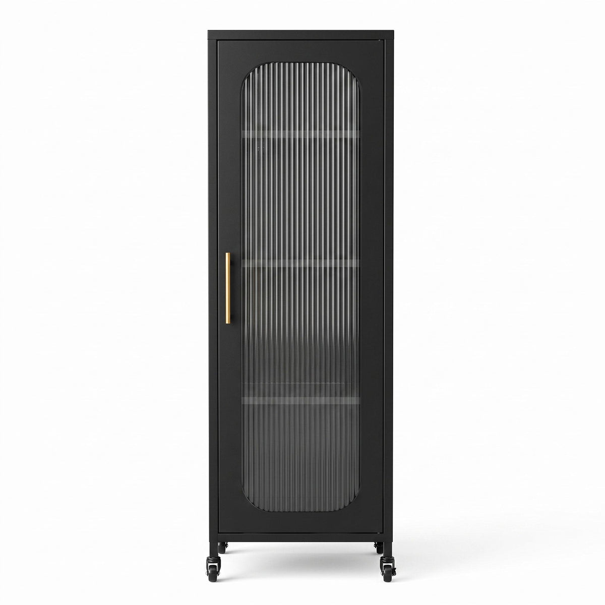 Slim Buffet Cabinet Sideboard with Fluted Glass Door and Wheels - Black