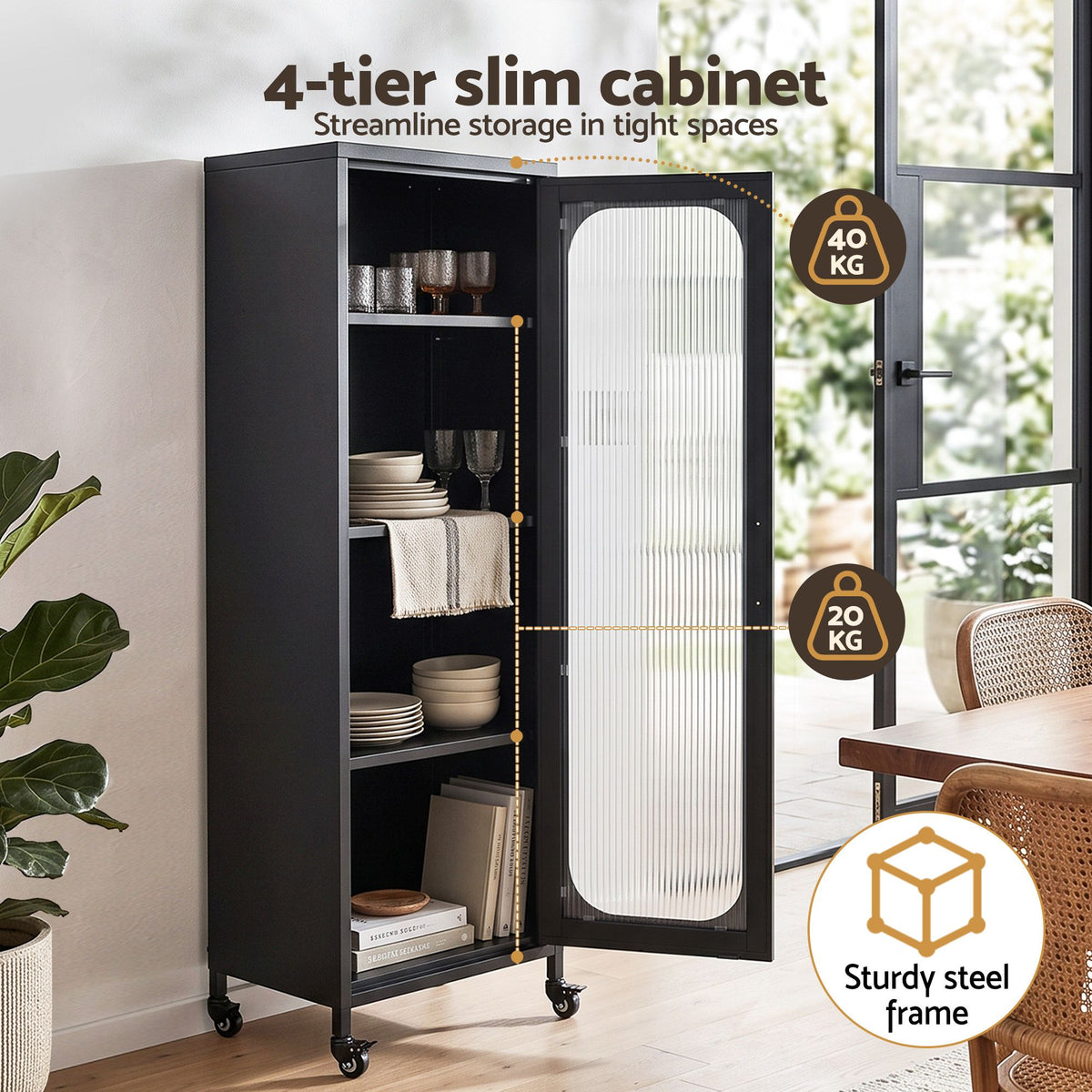 Slim Buffet Cabinet Sideboard with Fluted Glass Door and Wheels - Black