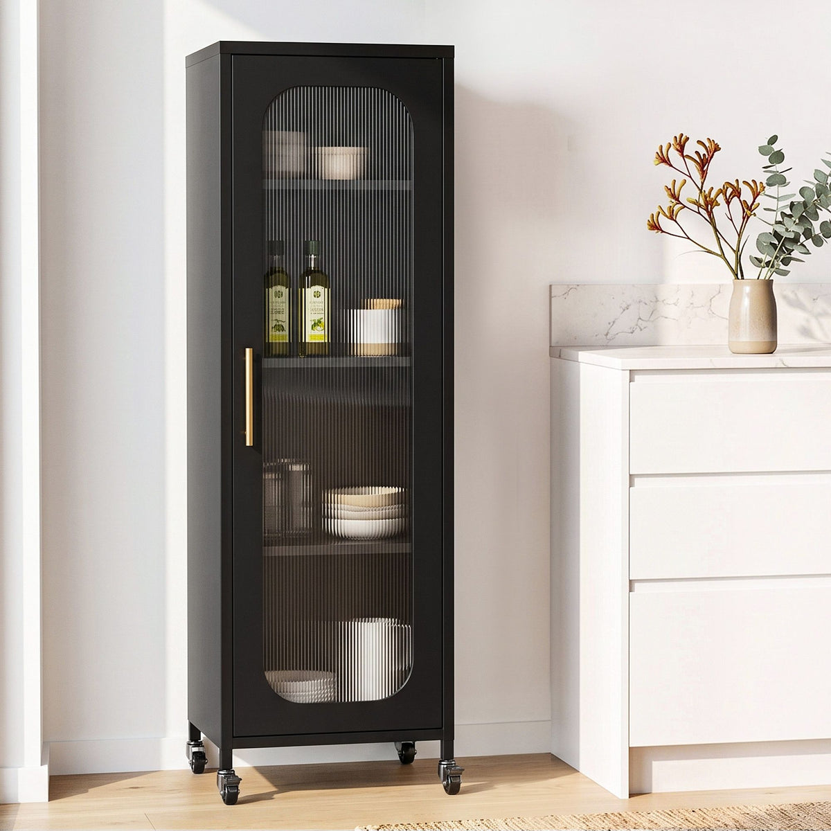 Slim Buffet Cabinet Sideboard with Fluted Glass Door and Wheels - Black