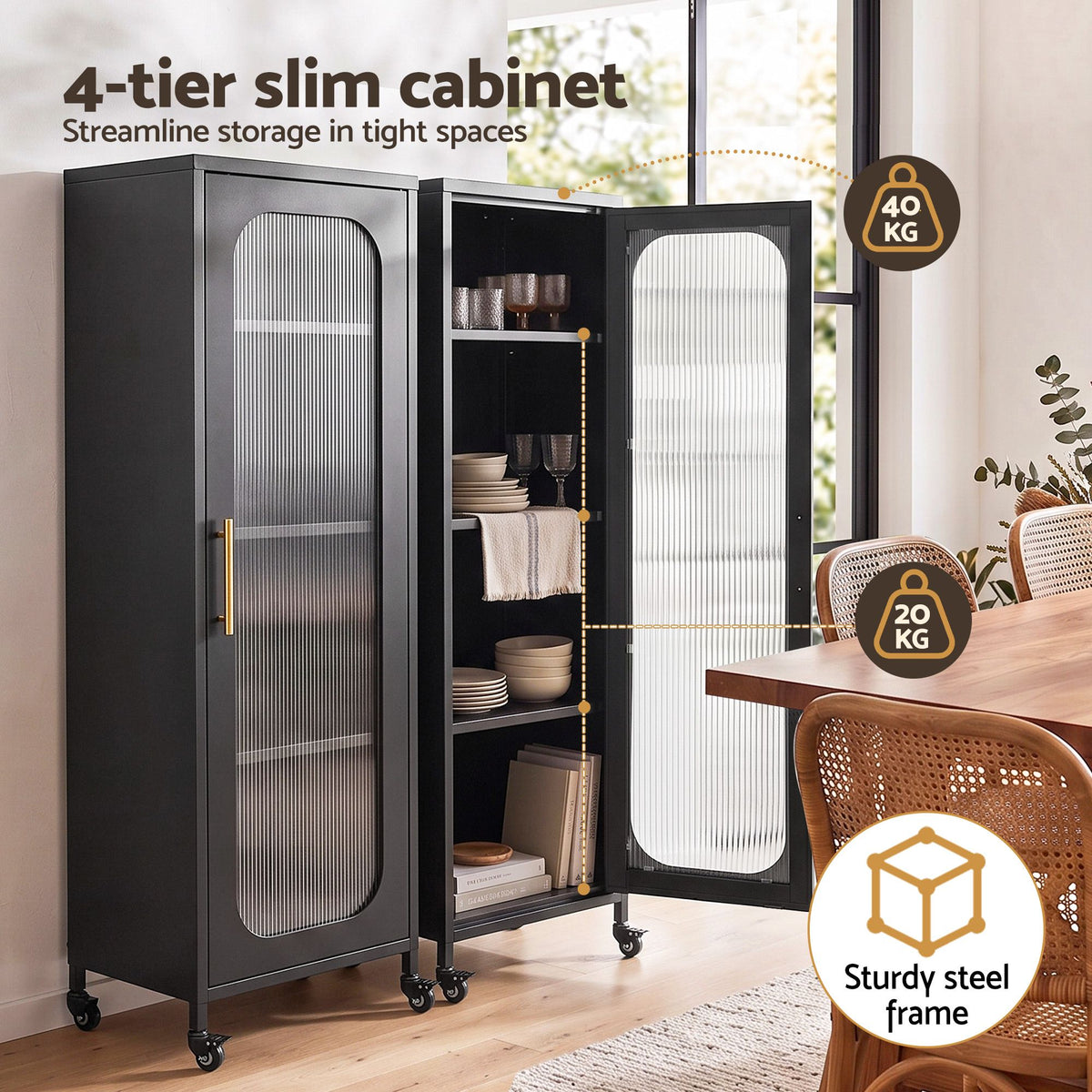 Buffet Cabinet Sideboard x2 Slim Kitchen Storage Trolley with Wheels - Black