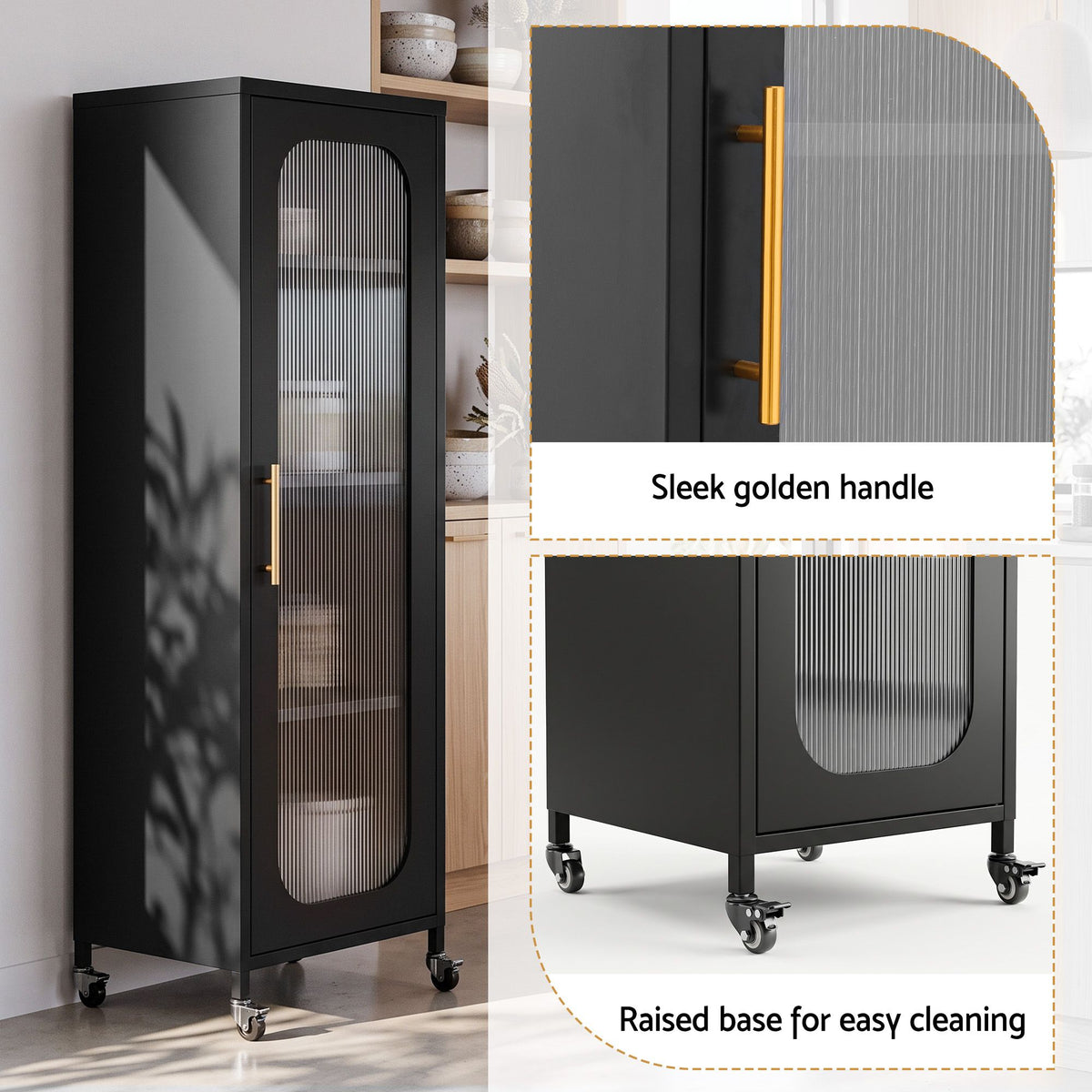 Buffet Cabinet Sideboard x2 Slim Kitchen Storage Trolley with Wheels - Black