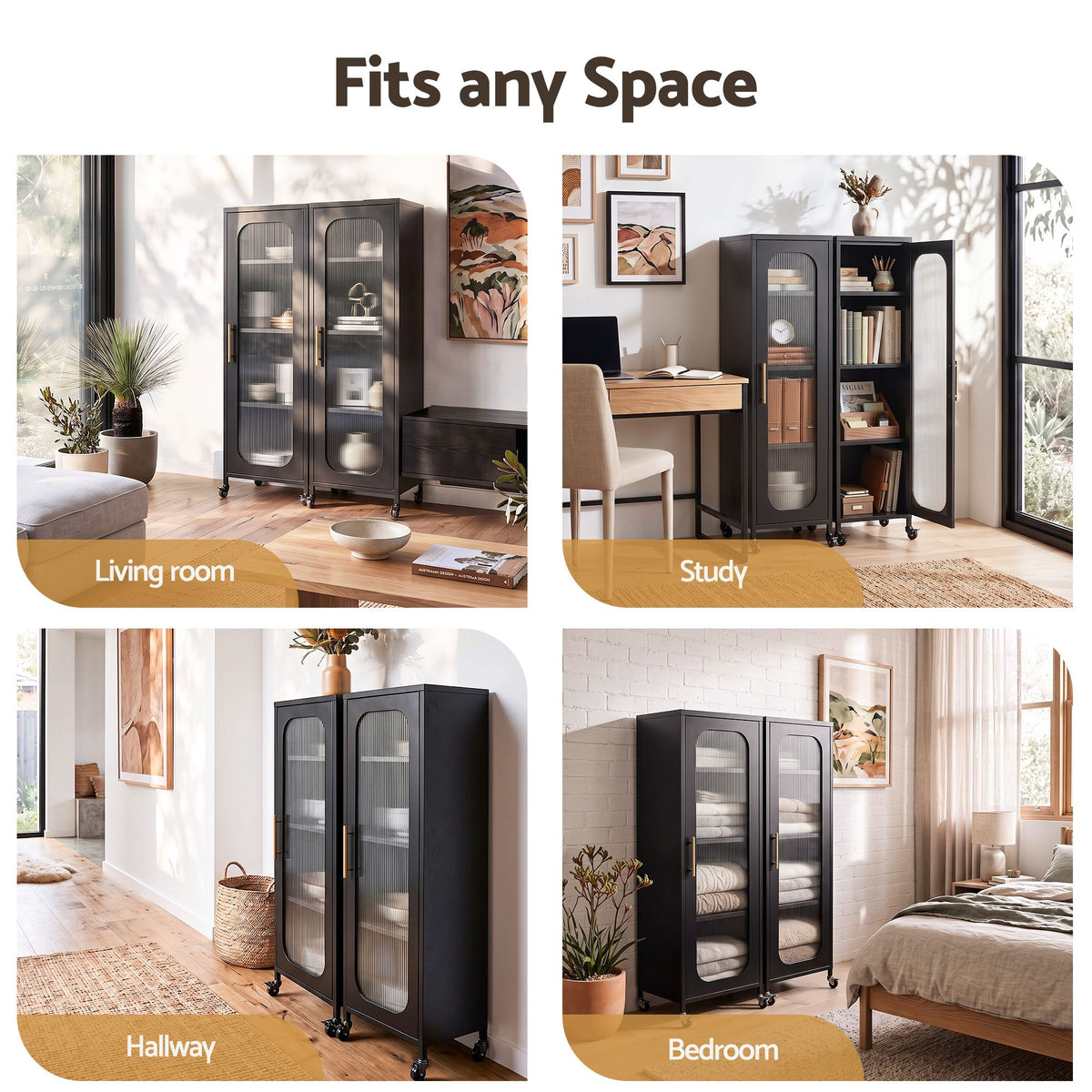 Buffet Cabinet Sideboard x2 Slim Kitchen Storage Trolley with Wheels - Black