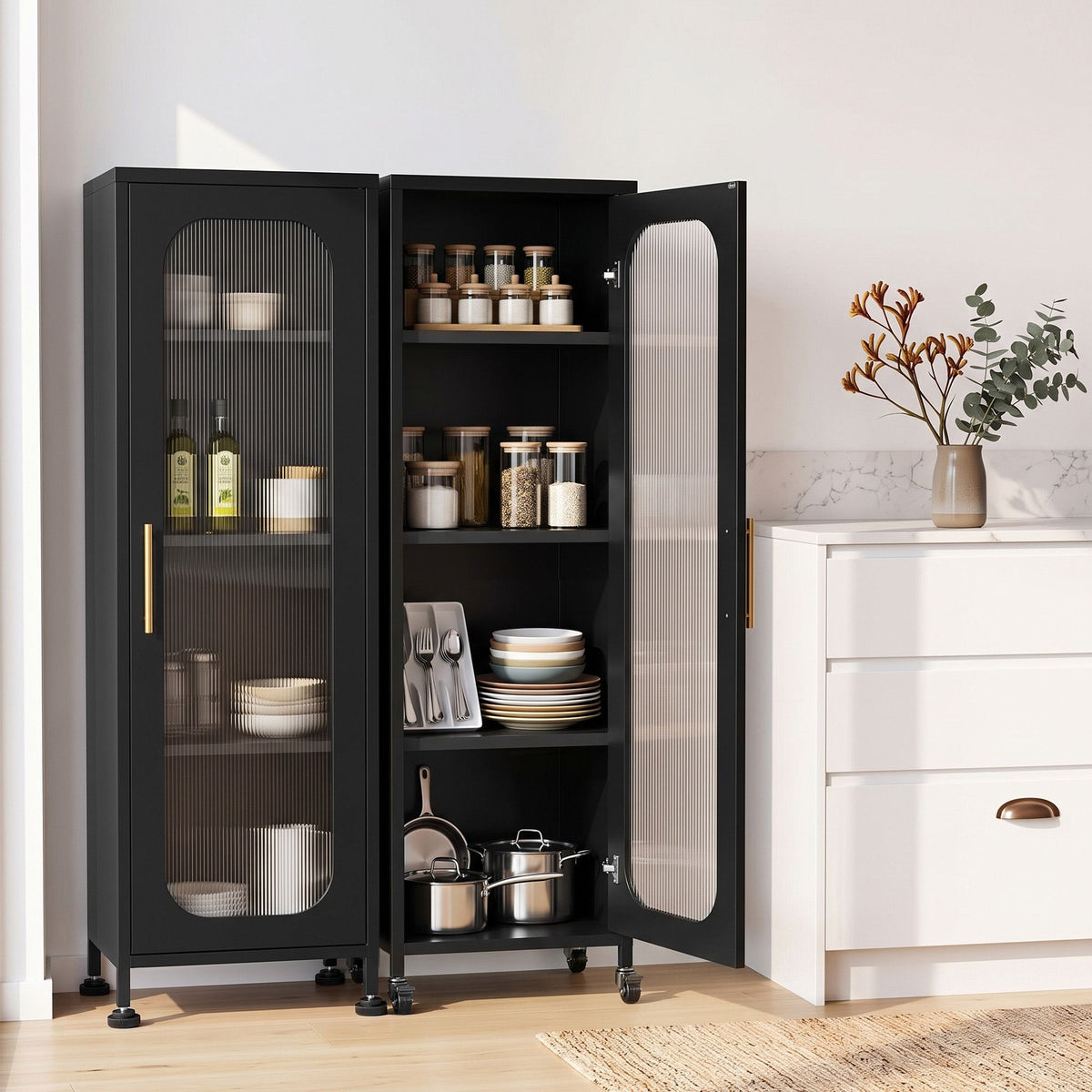 Buffet Cabinet Sideboard x2 Slim Kitchen Storage Trolley with Wheels - Black