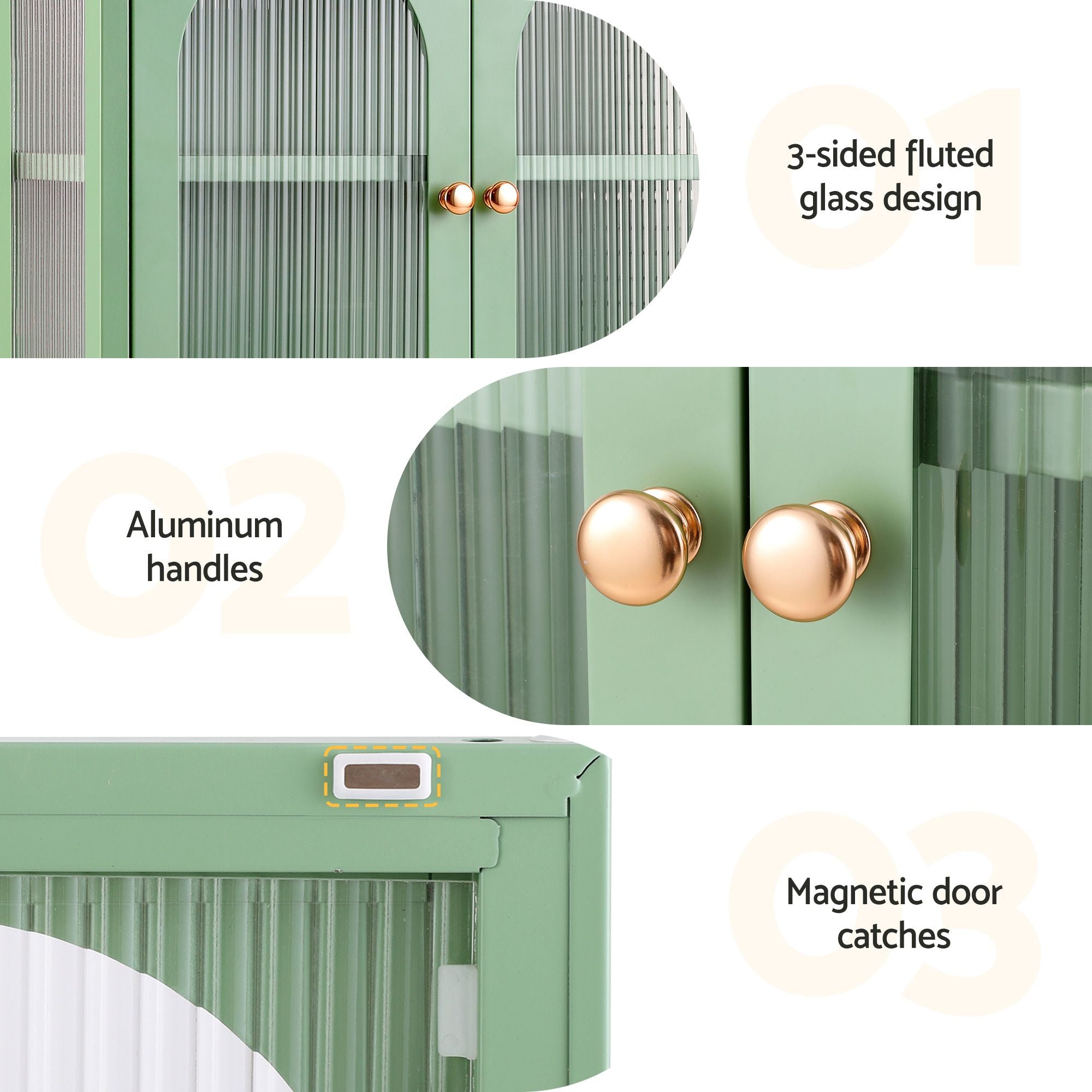 Buffet Cabinet Sideboard Wall Mounted Fluted Display Storage 70cm Green