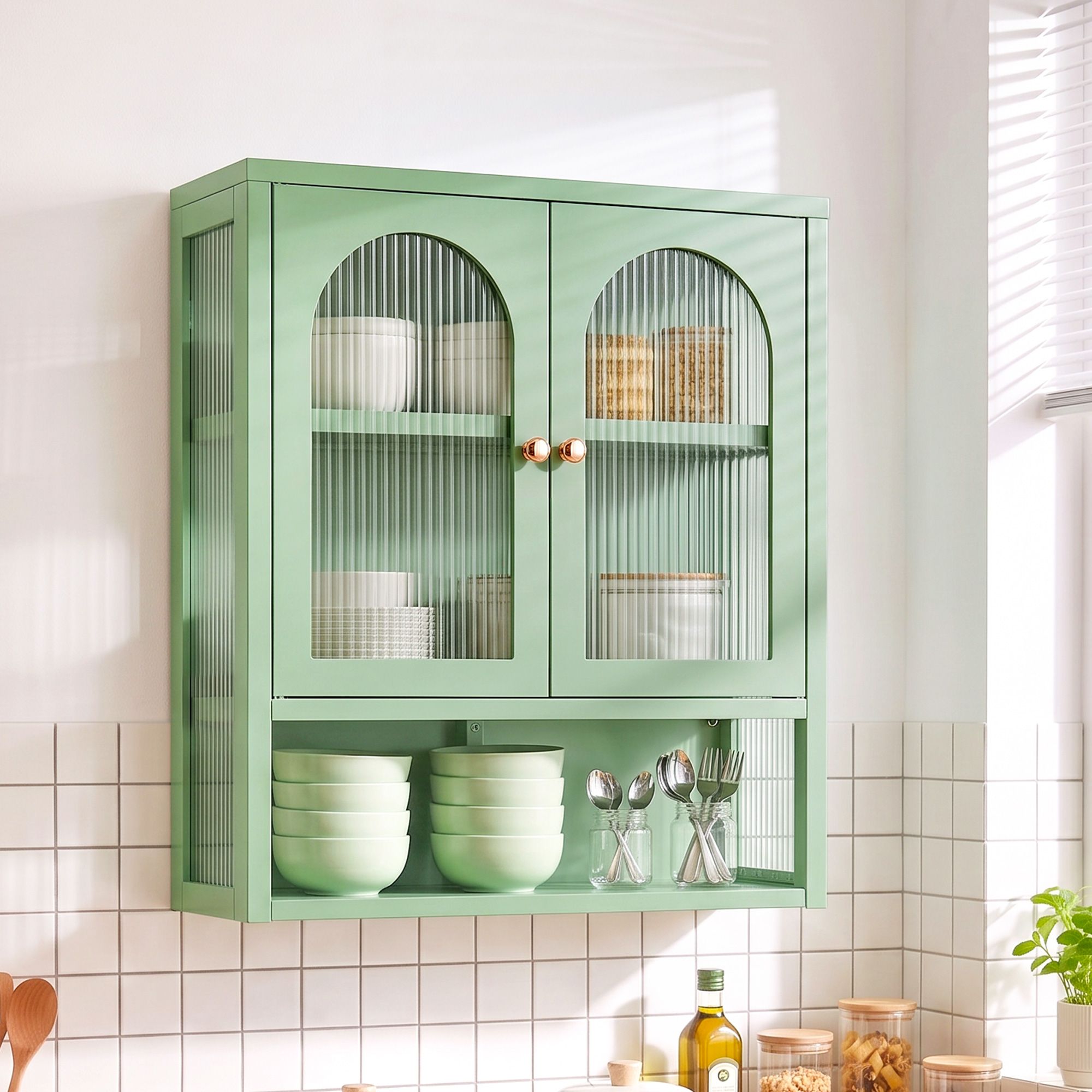 Buffet Cabinet Sideboard Wall Mounted Fluted Display Storage 70cm Green