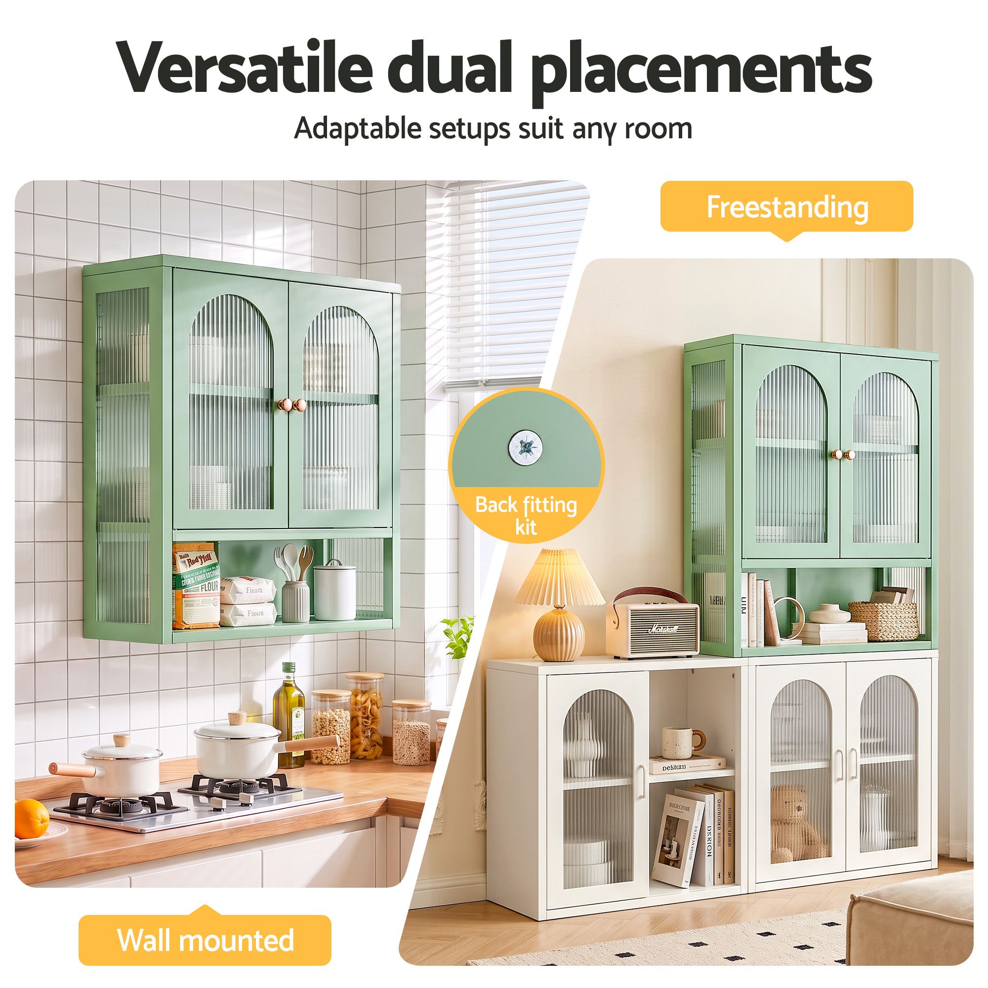 Buffet Cabinet Sideboards X2 Wall Mounted Fluted Display Storage Green