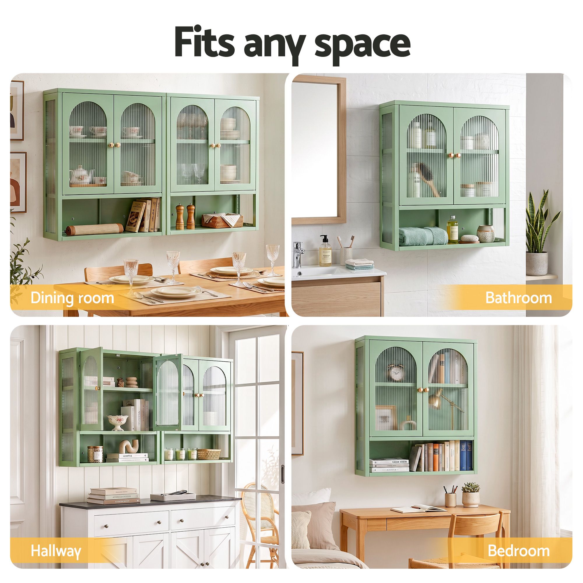 Buffet Cabinet Sideboards X2 Wall Mounted Fluted Display Storage Green