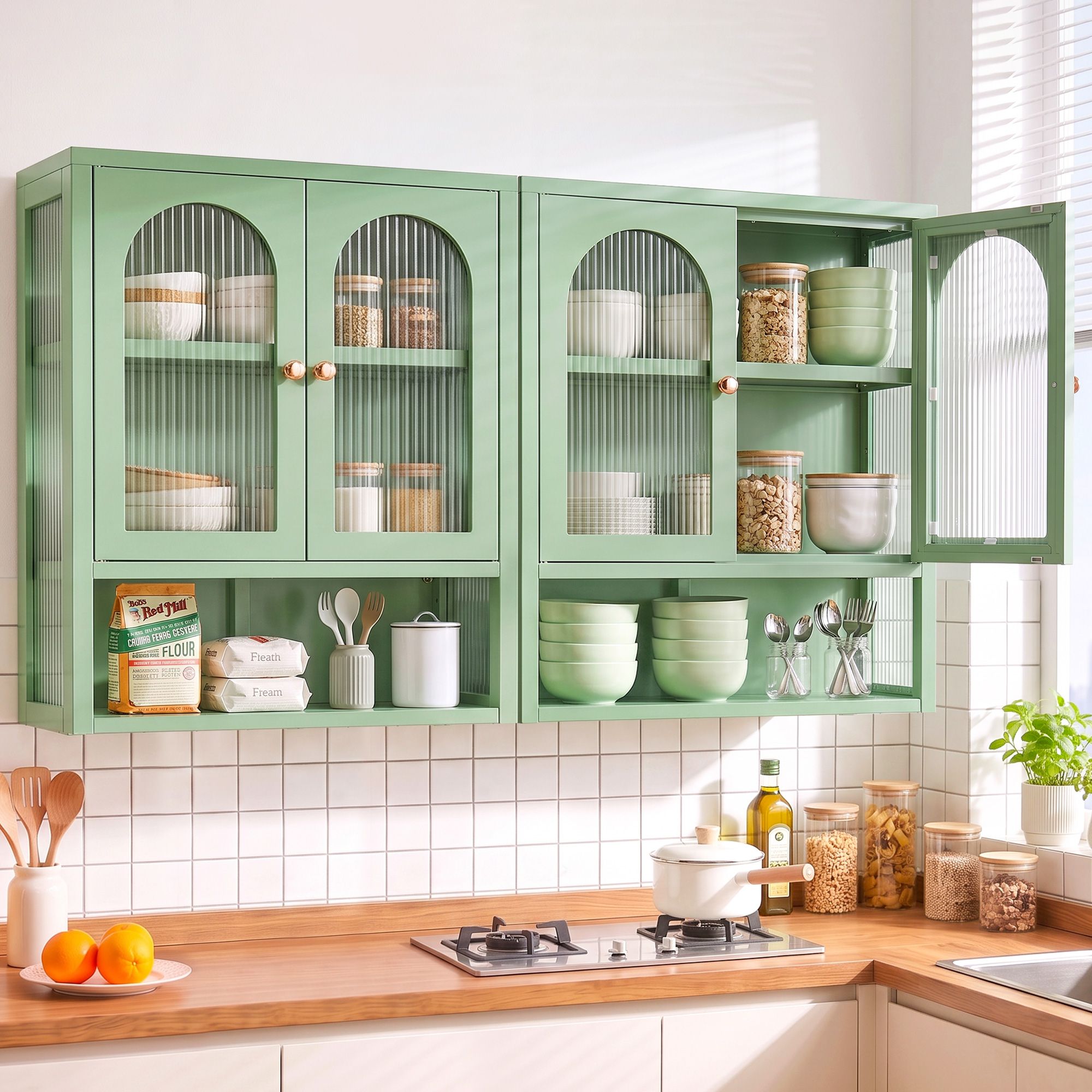 Buffet Cabinet Sideboards X2 Wall Mounted Fluted Display Storage Green