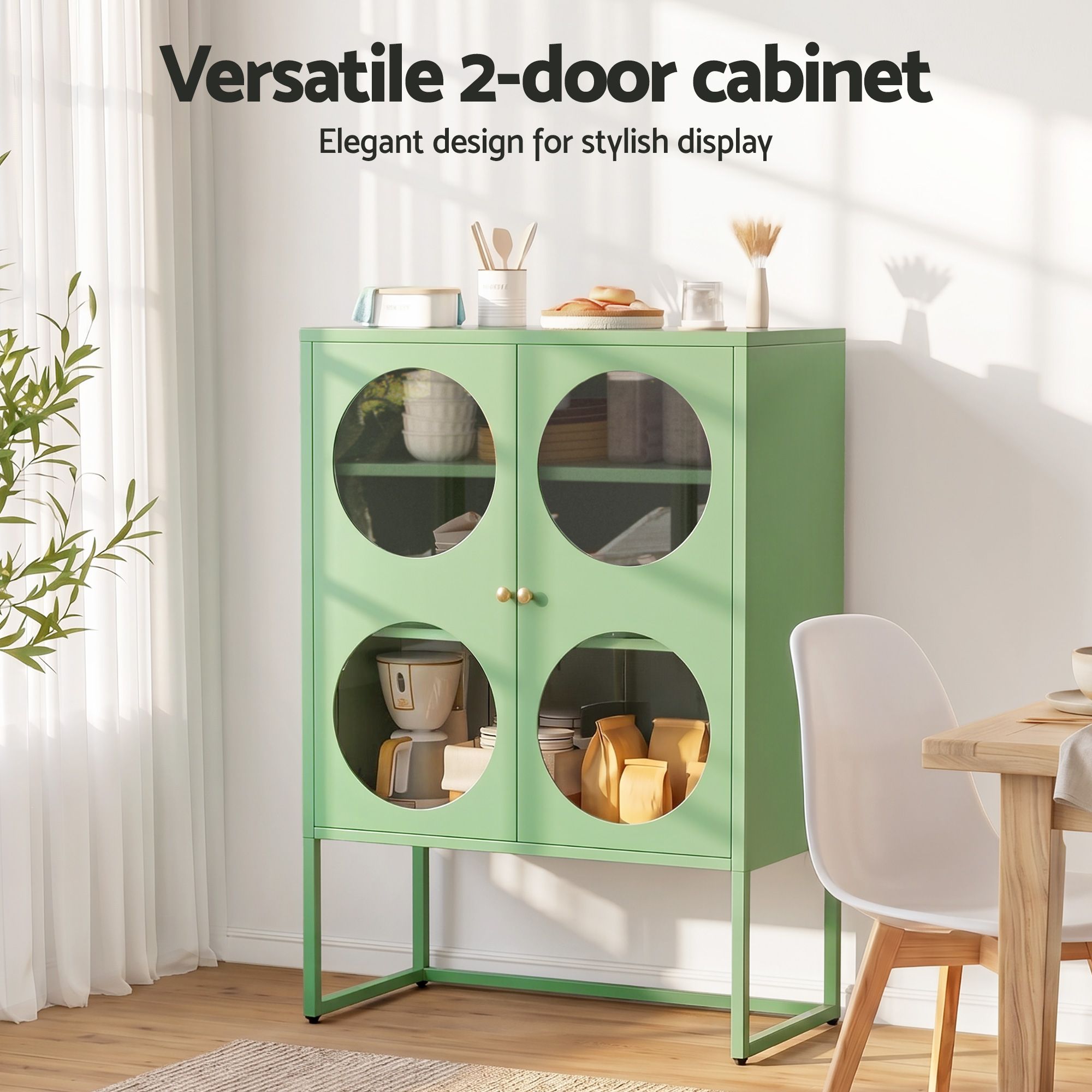 2x Buffet Sideboard Cabinet ELLA Cupboard Storage Glass Doors Metal Green